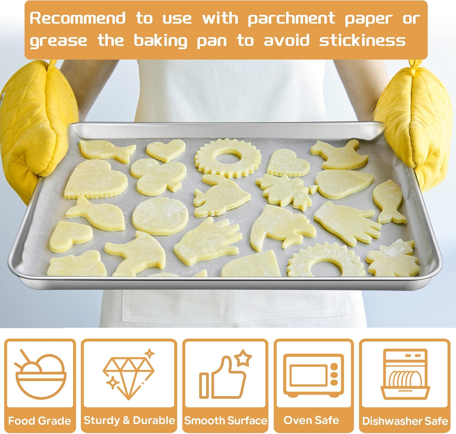 onader baking tray set of 4, stainless steel oven trays rectangle cookie sheet pan, perfect for baking cooking serving, non toxic & healthy, heavy duty & sturdy, mirror finished & dishwasher safe