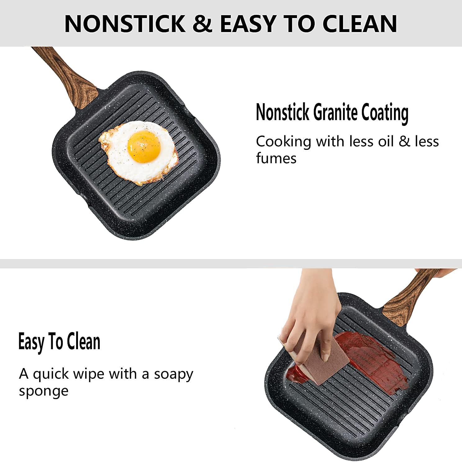 angju nonstick grill pan for stove tops with pour spouts induction compatible, granite coating, 10 inch(25cm), black