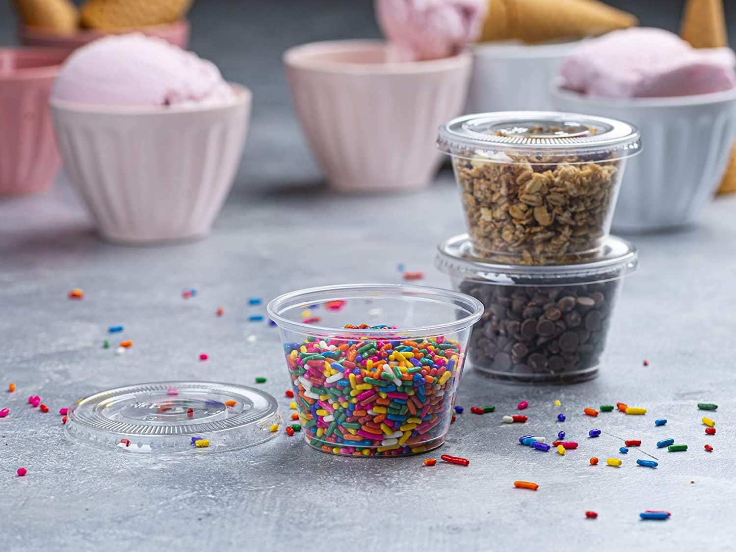 markq [100 pack] 4oz. clear plastic disposable portion cups with lids available in 1oz, 2oz sampling cups, portion control cups, slime container