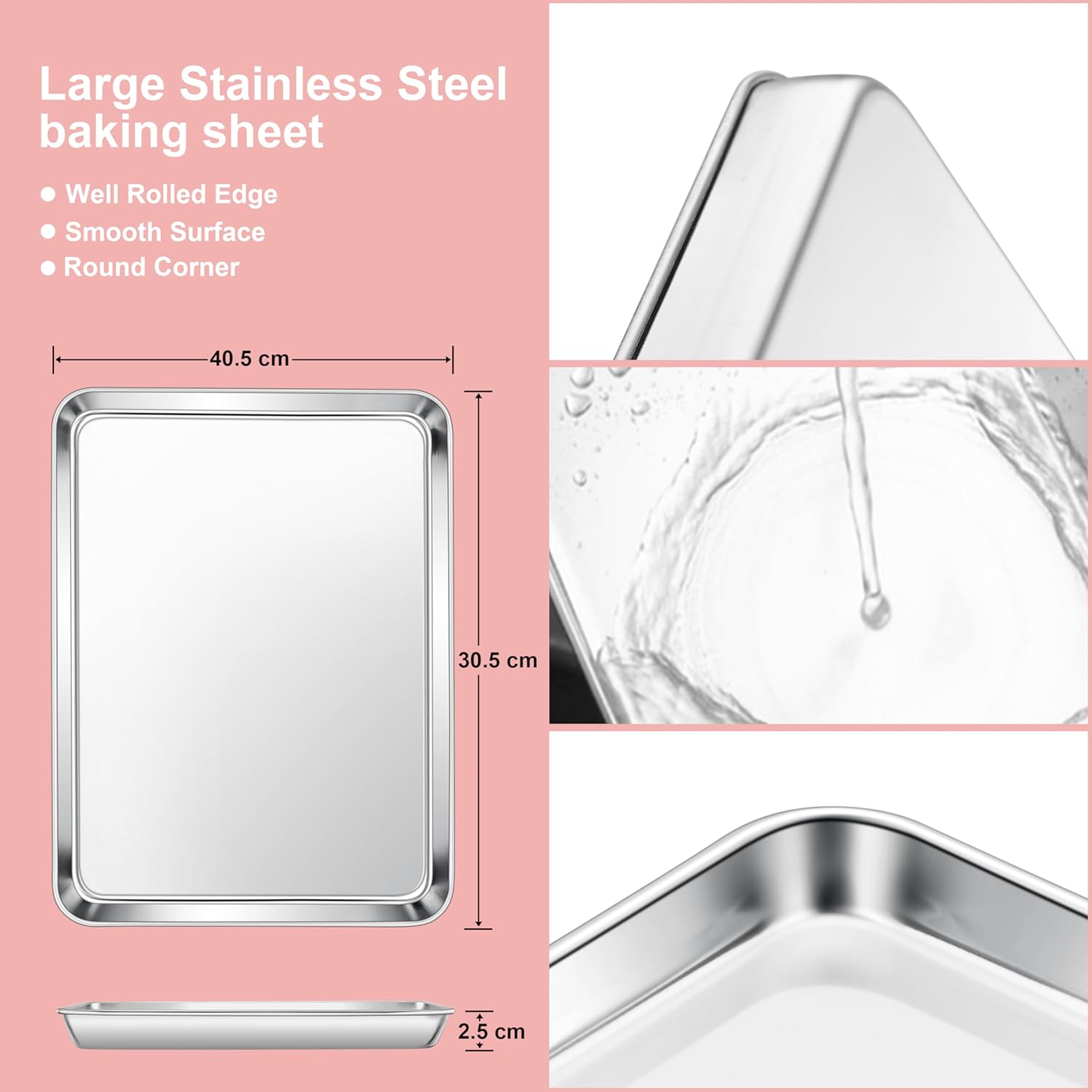 e far baking sheet set of 2, large 40.5 x 30.5 x 2.5 cm baking pan tray, stainless steel cookie sheet for oven roasting grilling cooking, non toxic & mirror finish, dishwasher safe