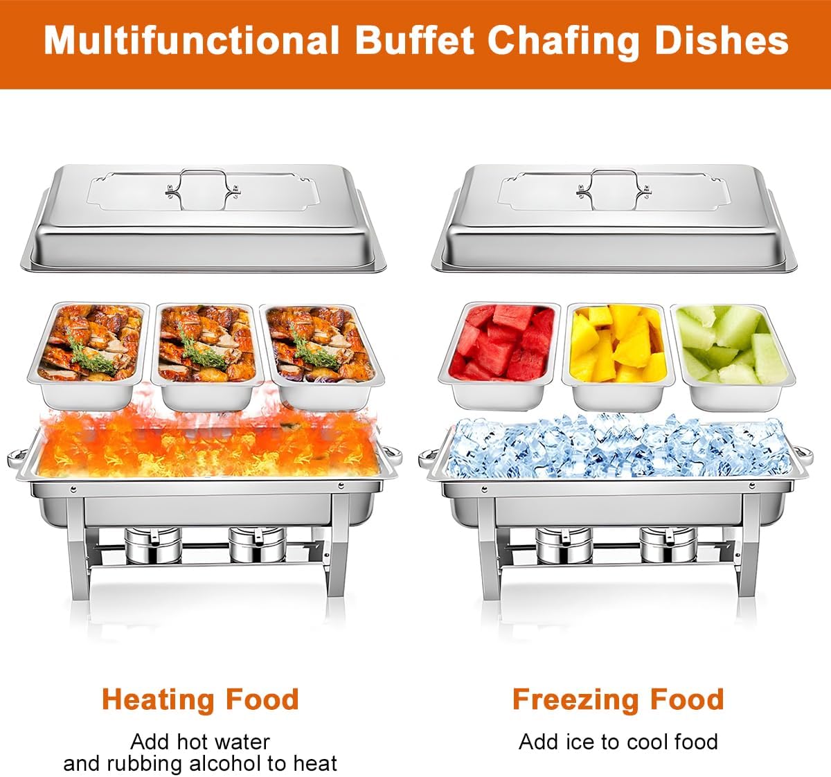 chafing dish buffet set 11l catering server chafer food warmer, stainless steel buffet stove with 3pcs 1/3 size food pans lid serving dishes for restaurant party wedding hotel chef buffet heater