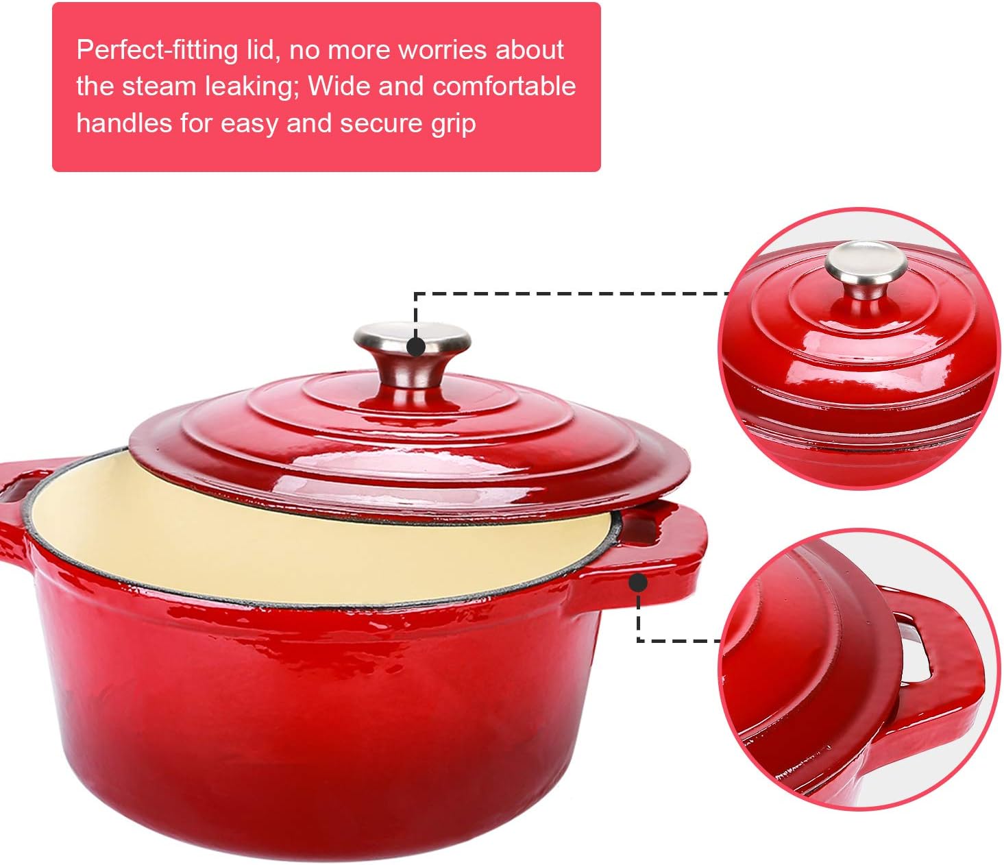 puricon 5.5 quart enameled cast iron dutch oven with lid, 5.5 qt deep round dutch oven pot with dual handles red