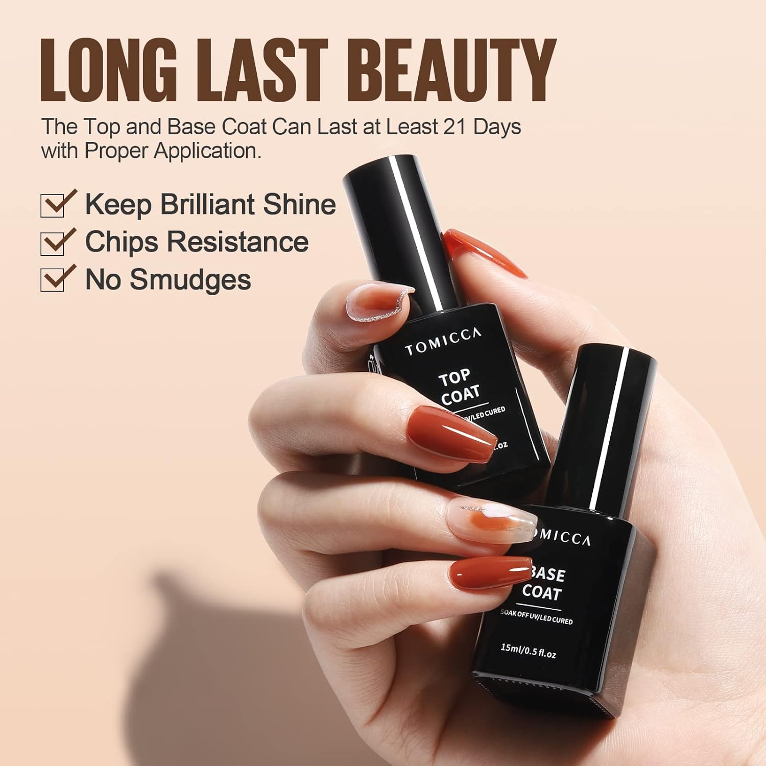 tomicca 2 pcs 15ml no wipe top coat base coat soak off set, shine finish and long lasting, soak off led gel base top coat glossy shine finish, base coat and top coat for nail polish