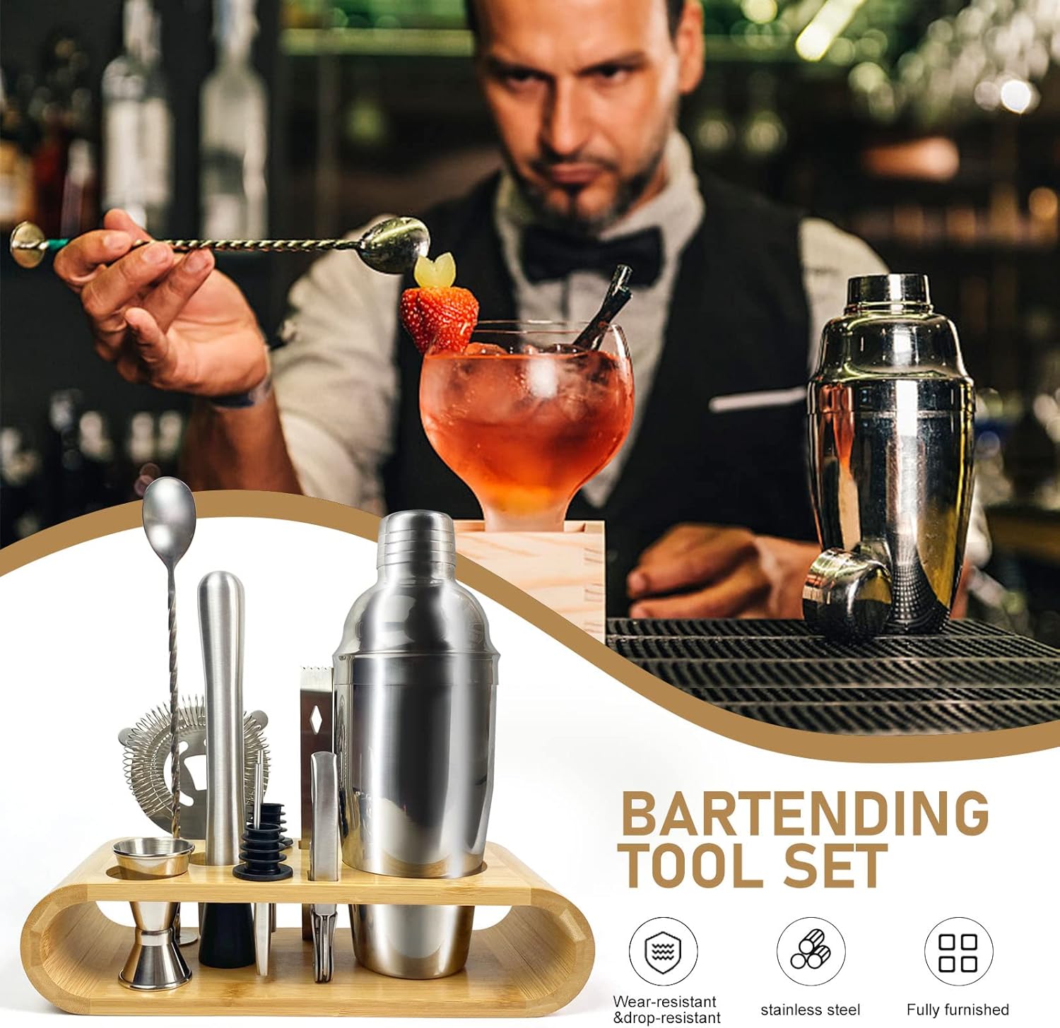 sky touch 11 piece bar tool set with stylish bamboo stand perfect home bartending kit and martini cocktail shaker set for an awesome drink mixing experience