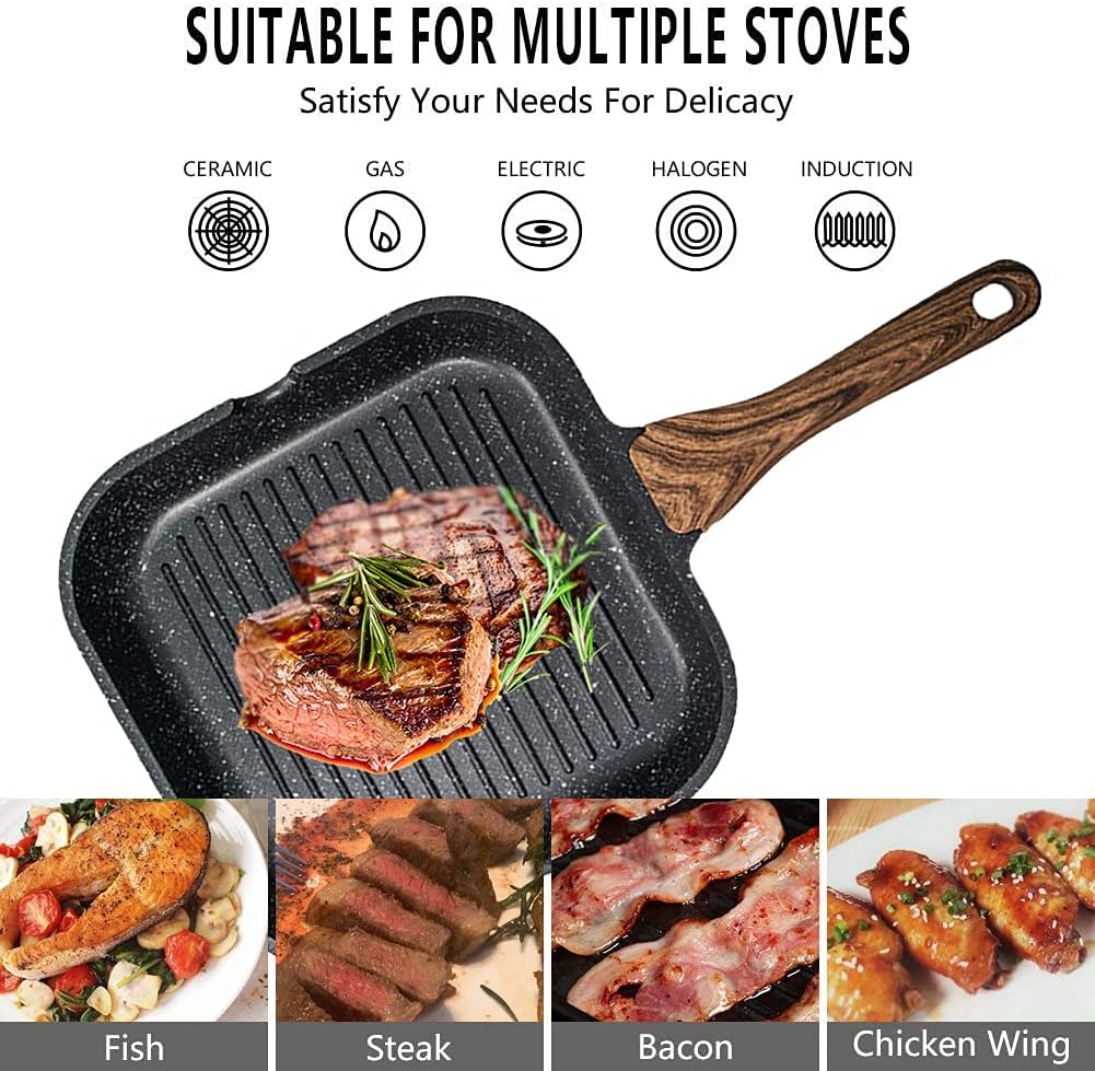 angju nonstick grill pan for stove tops with pour spouts induction compatible, granite coating, 10 inch(25cm), black