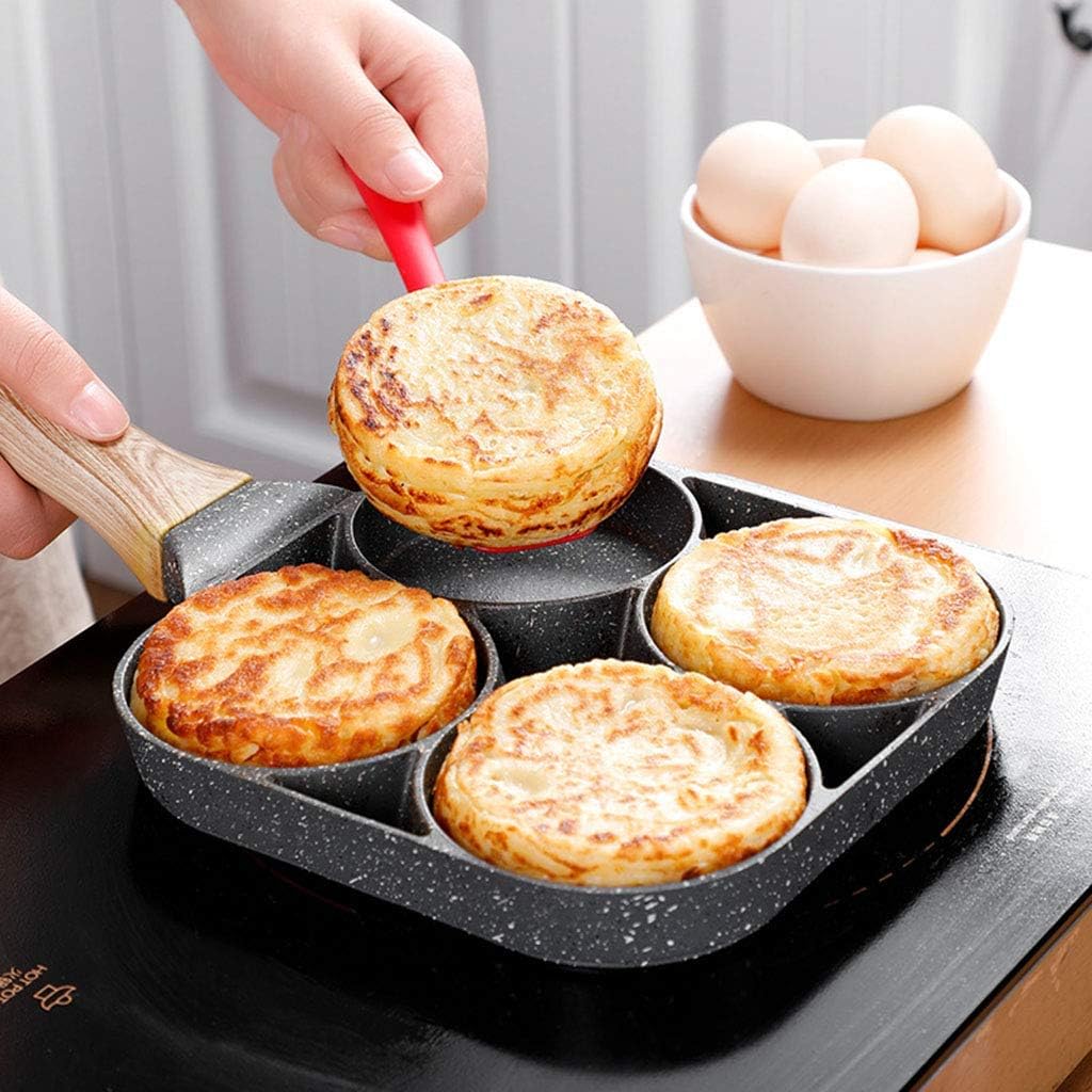 ecvv 4 hole omelet pan for burger eggs ham pancake maker wooden handle frying pot non stick cooking breakfast, black