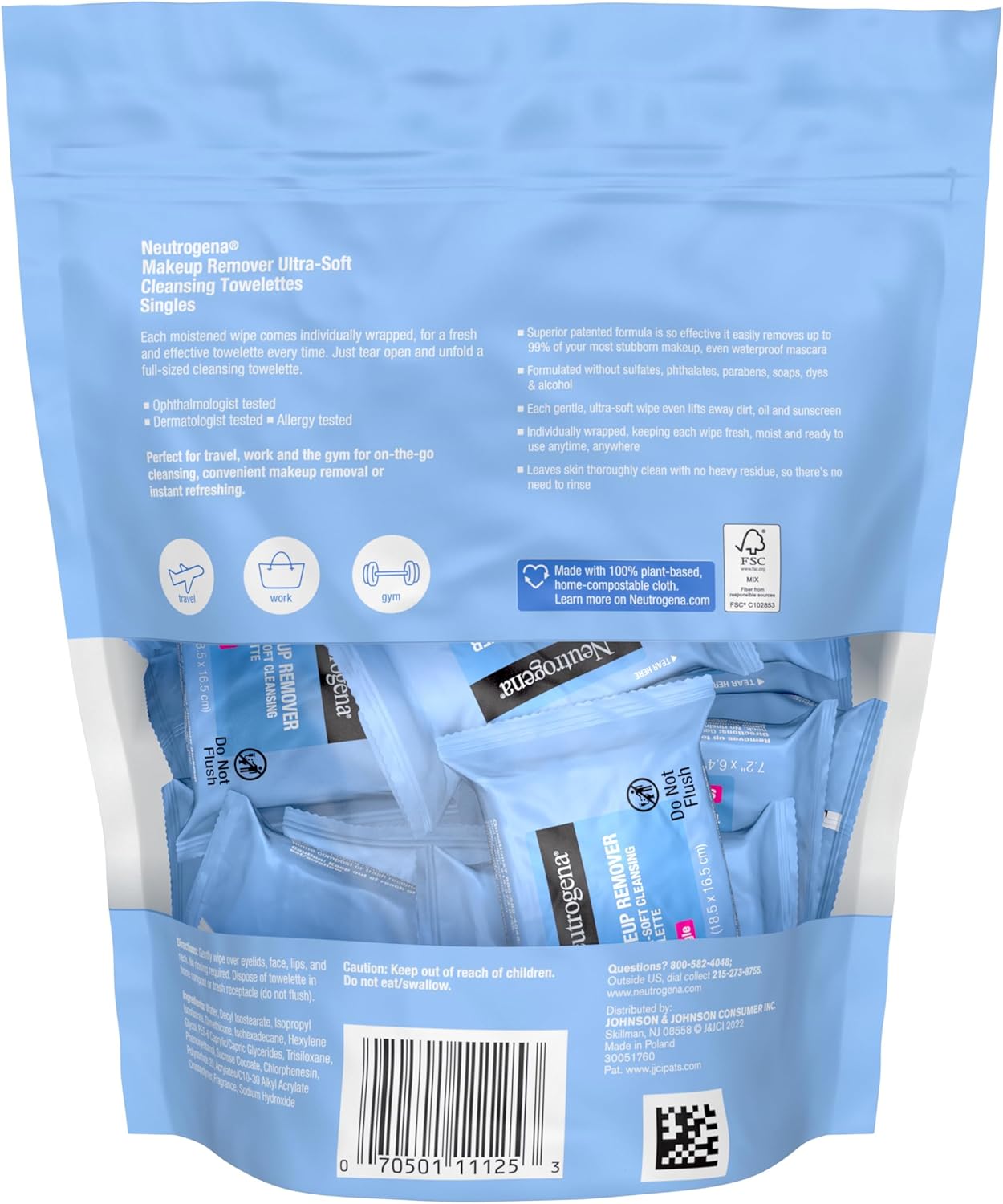 neutrogena facial cleansing towelette singles, daily face wipes to remove dirt, oil, makeup & waterproof mascara, gentle, alcohol free, individually wrapped, 20 count