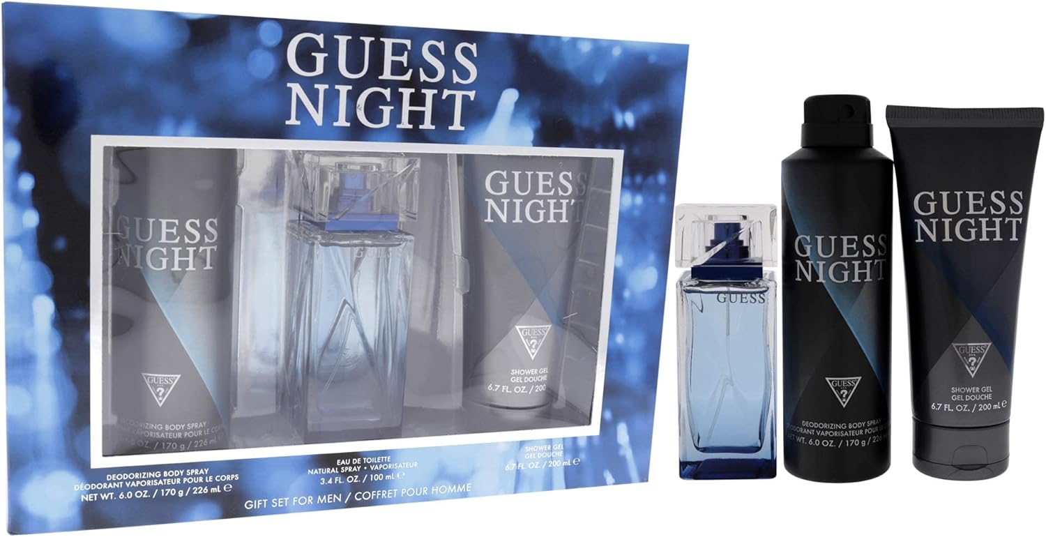 guess night men's eau de toilette perfume, 100 ml + 200 ml shower gel + 226 ml body spray set