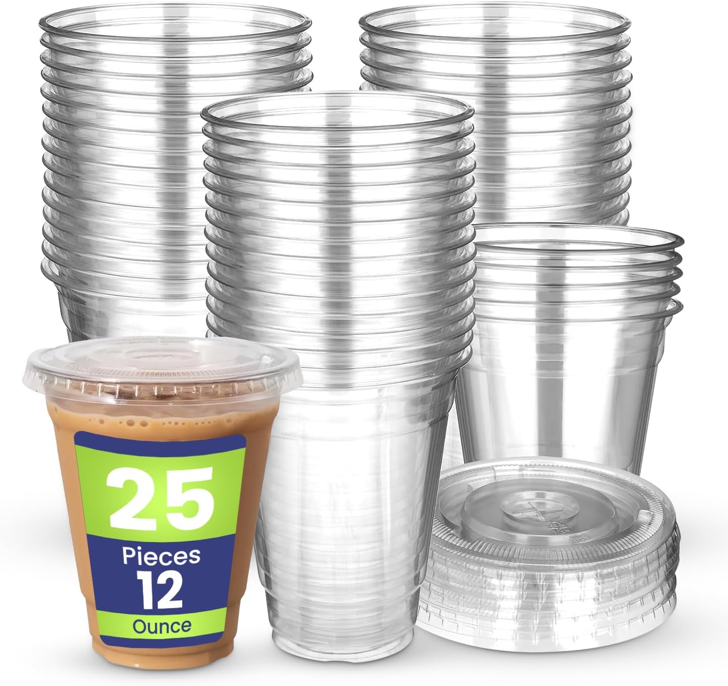 snh 25 pieces 12oz juice cup with lid clear strong disposable cups ideal for iced coffee, smoothies, bubble boba tea, milkshakes, frozen cocktails, water, sodas, juices, snacks, dessert & more.