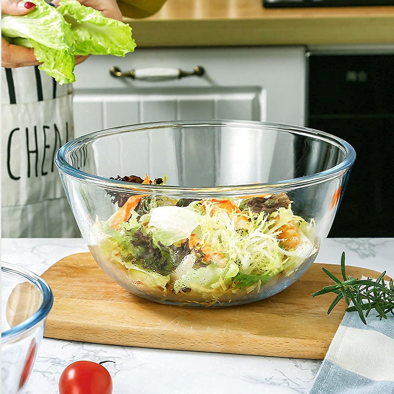glass mixing bowl set of 3 for kitchen, baking, prepping, serving, cooking 1.1qt, 2.5qt, 4.2qt large salad bowl set, high brosilicate bowl set, stackable, non toxic, microwavable, great gift