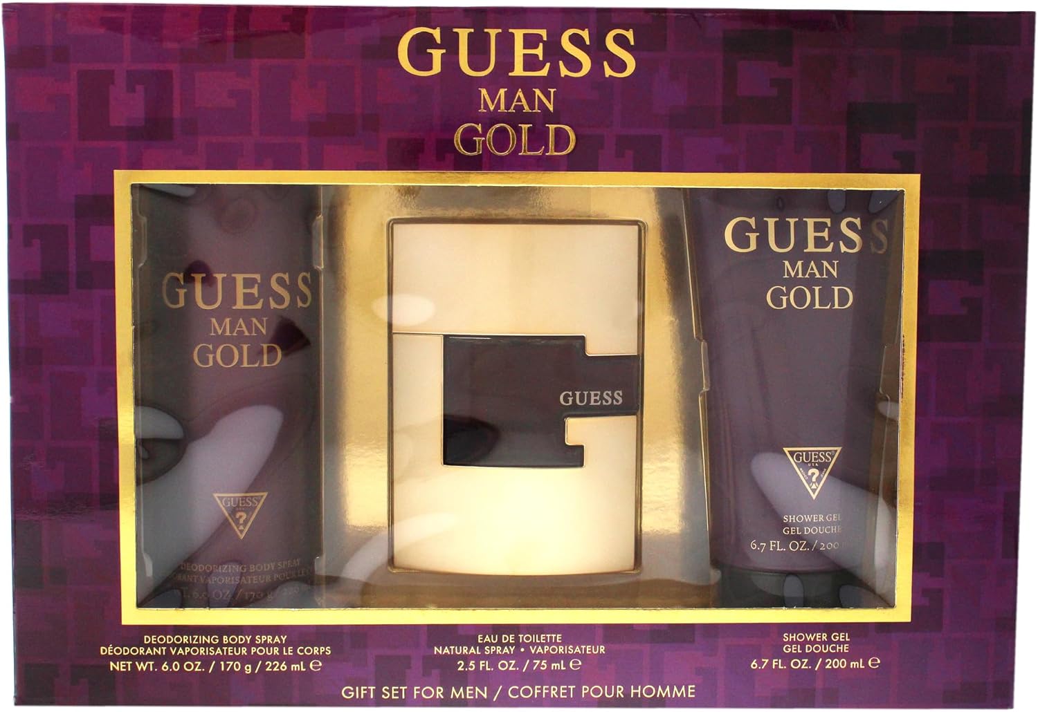 guess gold for men edt 75ml + 200ml sg + 226ml body spray set