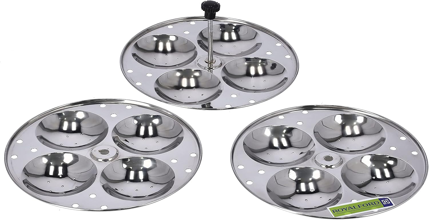 royalford stainless idly stand 3 tier with idli steamer, trey, steel food grade material medium for pressure cooker perfect idli, samosa idli, silver 12 pcs capacity rf9876