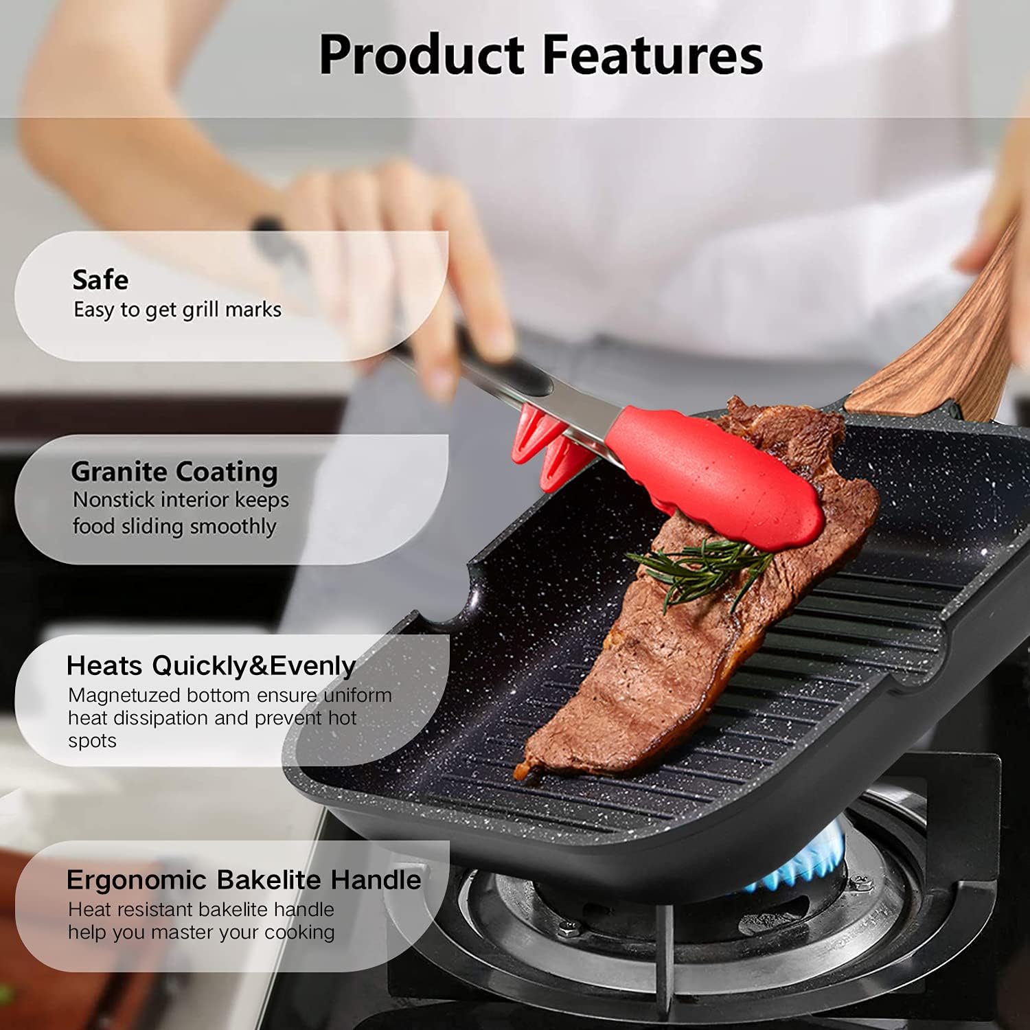 angju nonstick grill pan for stove tops with pour spouts induction compatible, granite coating, 10 inch(25cm), black
