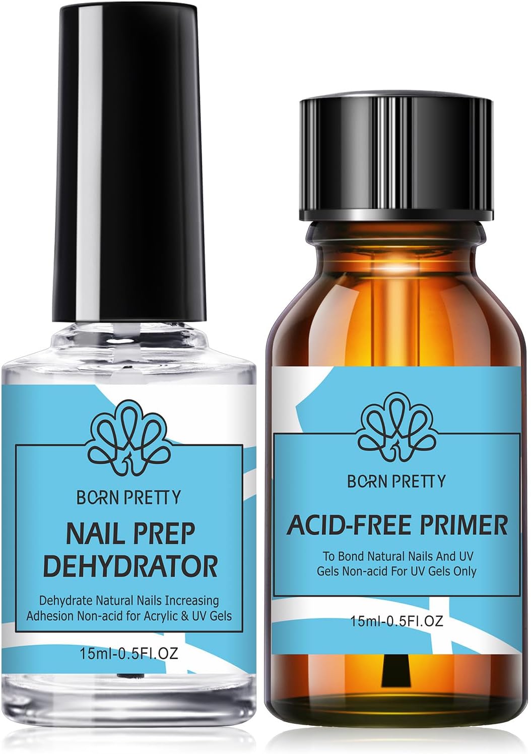 born pretty nail dehydrator and primer set, acid free natural nail prep dehydrate & nail bond primer set fast air dry for gel nail polish and acrylic powder nail supplies set 0.5oz