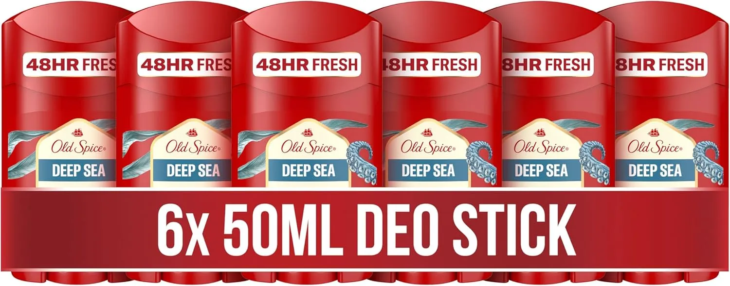 Old Spice Deep Sea Deodorant Stick for Men, 6 x 50 ml, 48H Fresh, Long-Lasting Fragrance in Perfume Quality, 0% Aluminium Salts, No Stains on Black and White, Made from 50% Recycled Plastic