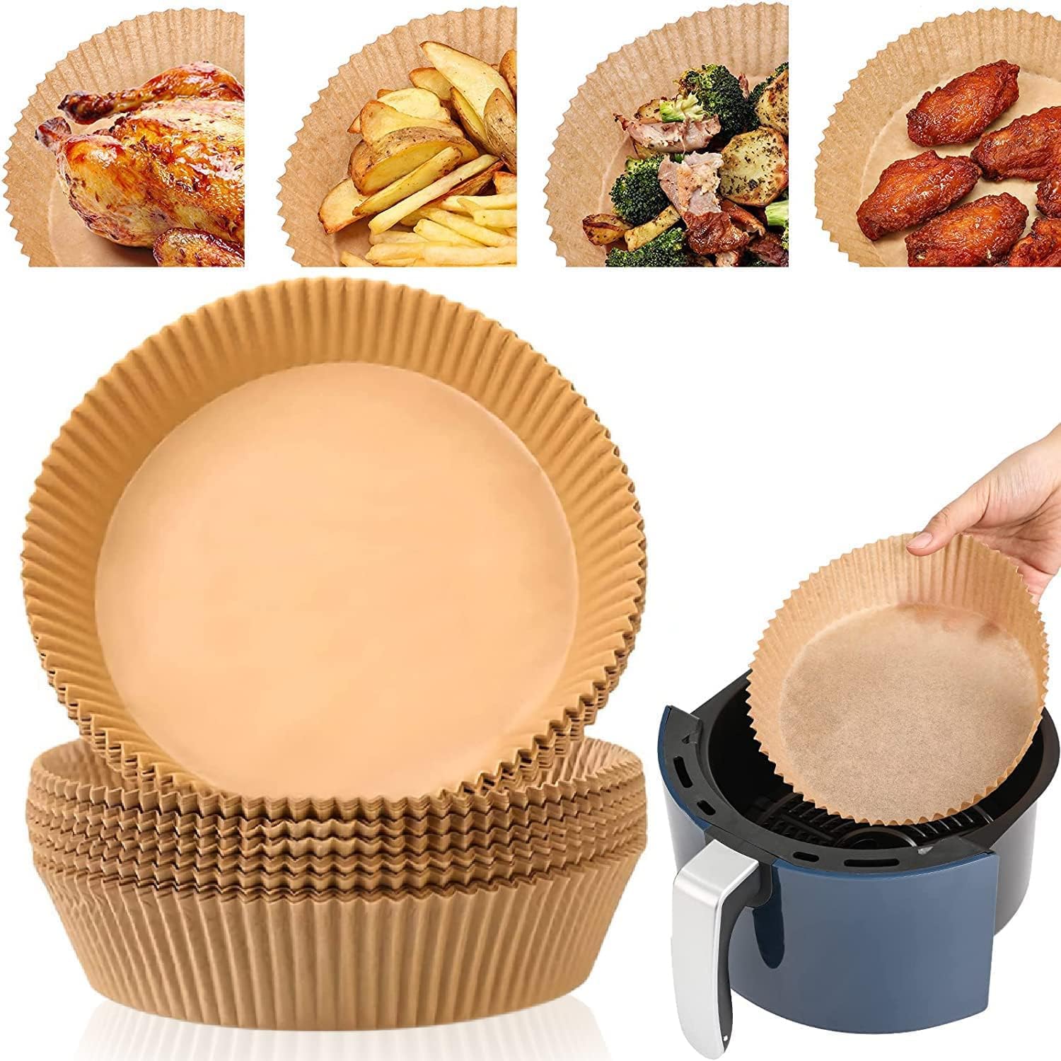 sky touch 100pcs air fryer disposable paper，non stick parchment paper for air fryer liners，round food grade baking paper for air fryer，16cm/6.3inch，brown
