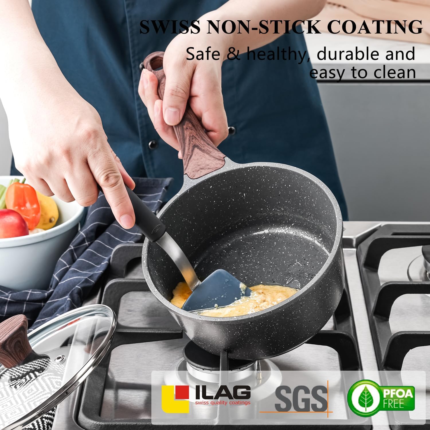 sensarte nonstick sauce pan with lid, 2qt small sauce pot with swiss granite coating, stay cool handle, multipurpose handy little saucepan, induction capable, pfoa free(18 cm)