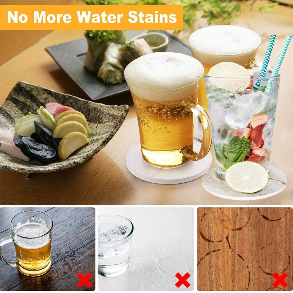 qplus drink coasters with holder, absorbent coaster sets of 6, marble style ceramic drink coaster for tabletop protection,suitable for kinds of cups, wooden table