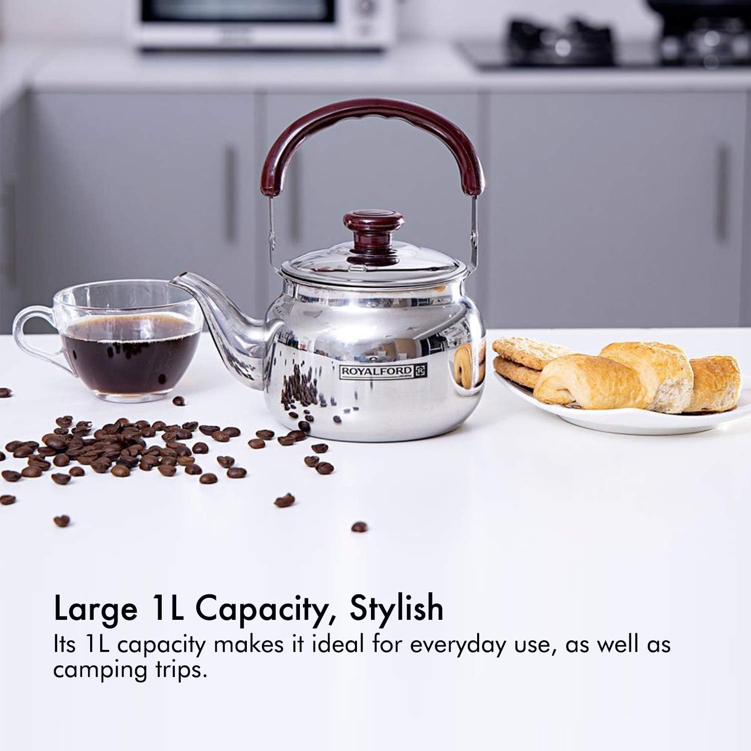 royalford stove top tea kettle – large capacity stainless steel stove top tea pot tea coffee pot ideal for home office & hotel – compact & stylish design with heat resistant handle, 1 liter