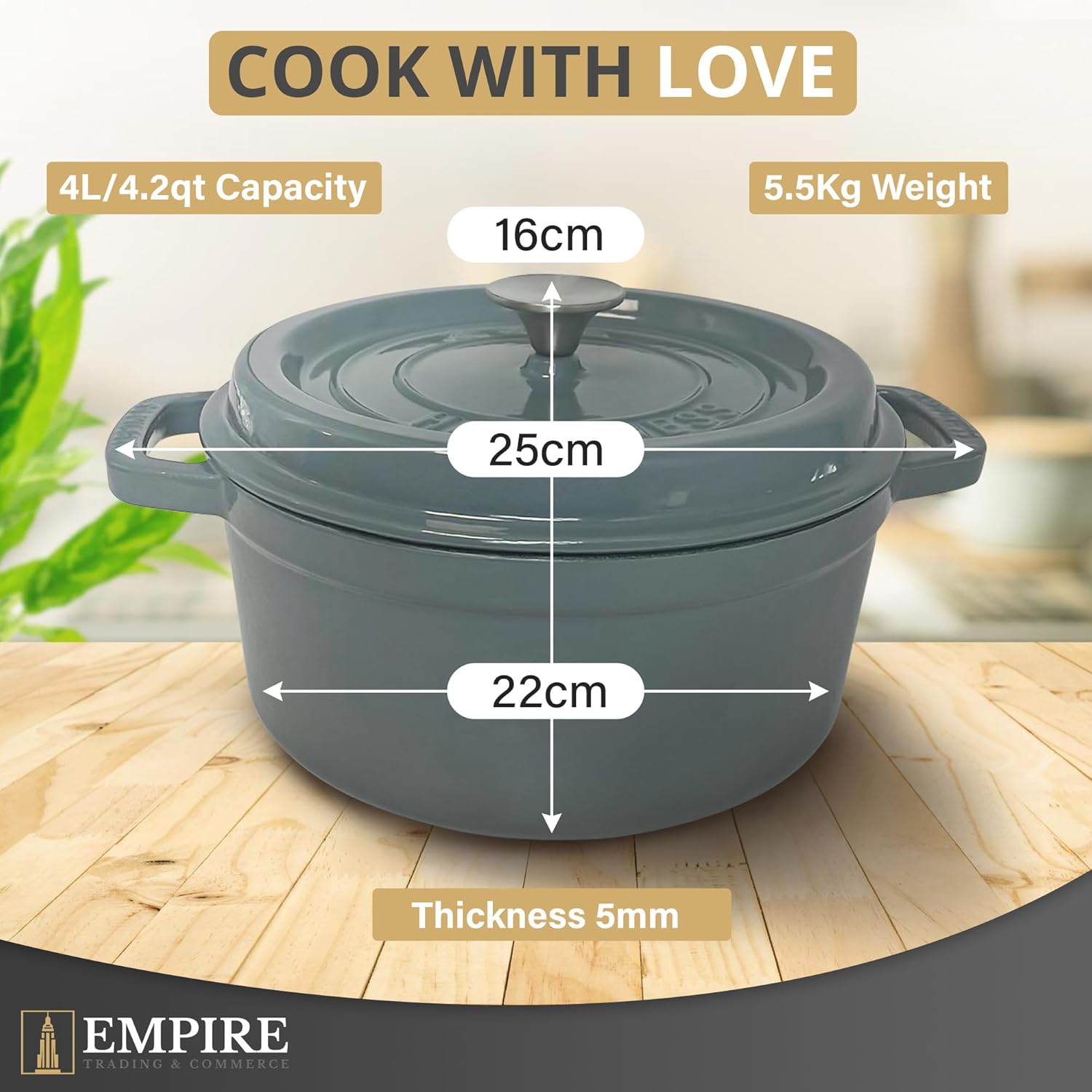empire cast iron dutch oven pot, pre seasoned 4.2 quart – 25cm diameter non stick dutch oven pot with lid, silicone handles, heavy duty cast iron pot for stews, baking, braising, roasting