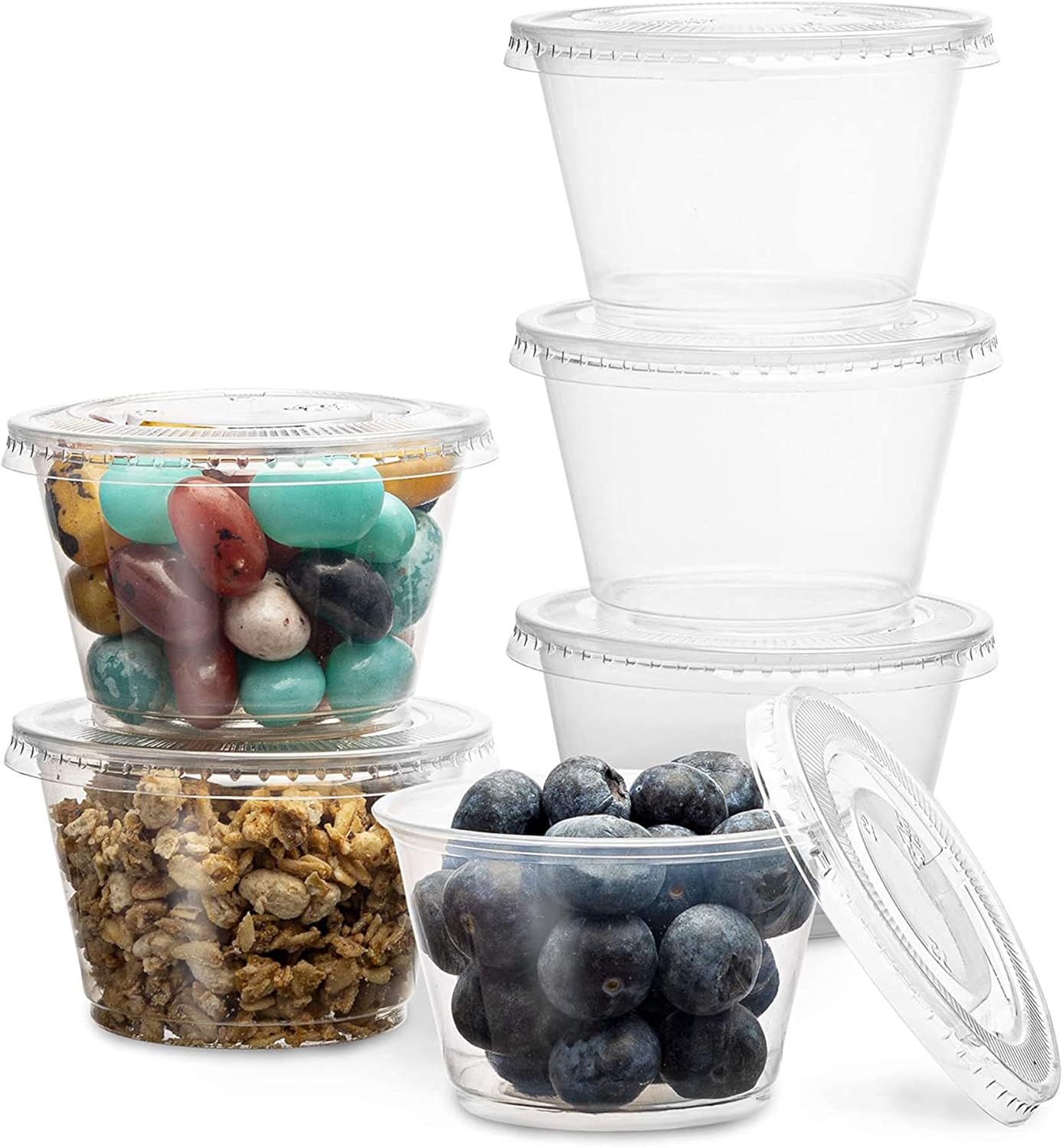 markq [100 pack] 4oz. clear plastic disposable portion cups with lids available in 1oz, 2oz sampling cups, portion control cups, slime container