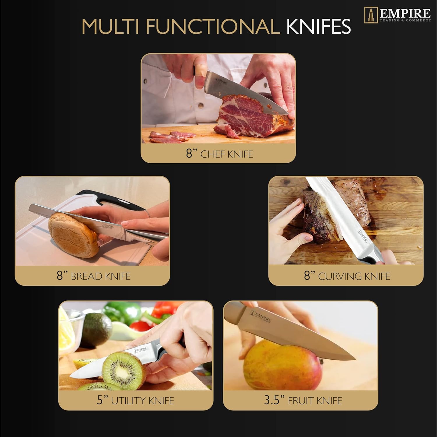 empire trading & commerce knife set, 5pcs kitchen knife set with sharpener, knife set for kitchen with block, kitchen accessories, stainless steel kitchen knives, kitchen essentials