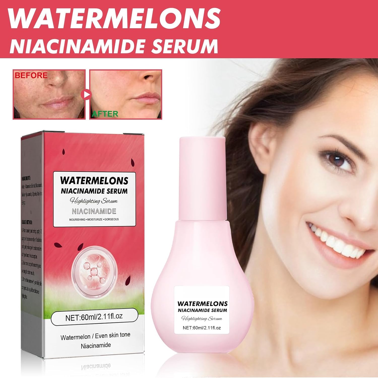 honpolo watermelons niacinamide serum hydrating, anti aging skincare with spot fade & antioxidant benefits, hydrate and replenish, firm & tighten, deeply penetrating lightweight & non greasy 60ml