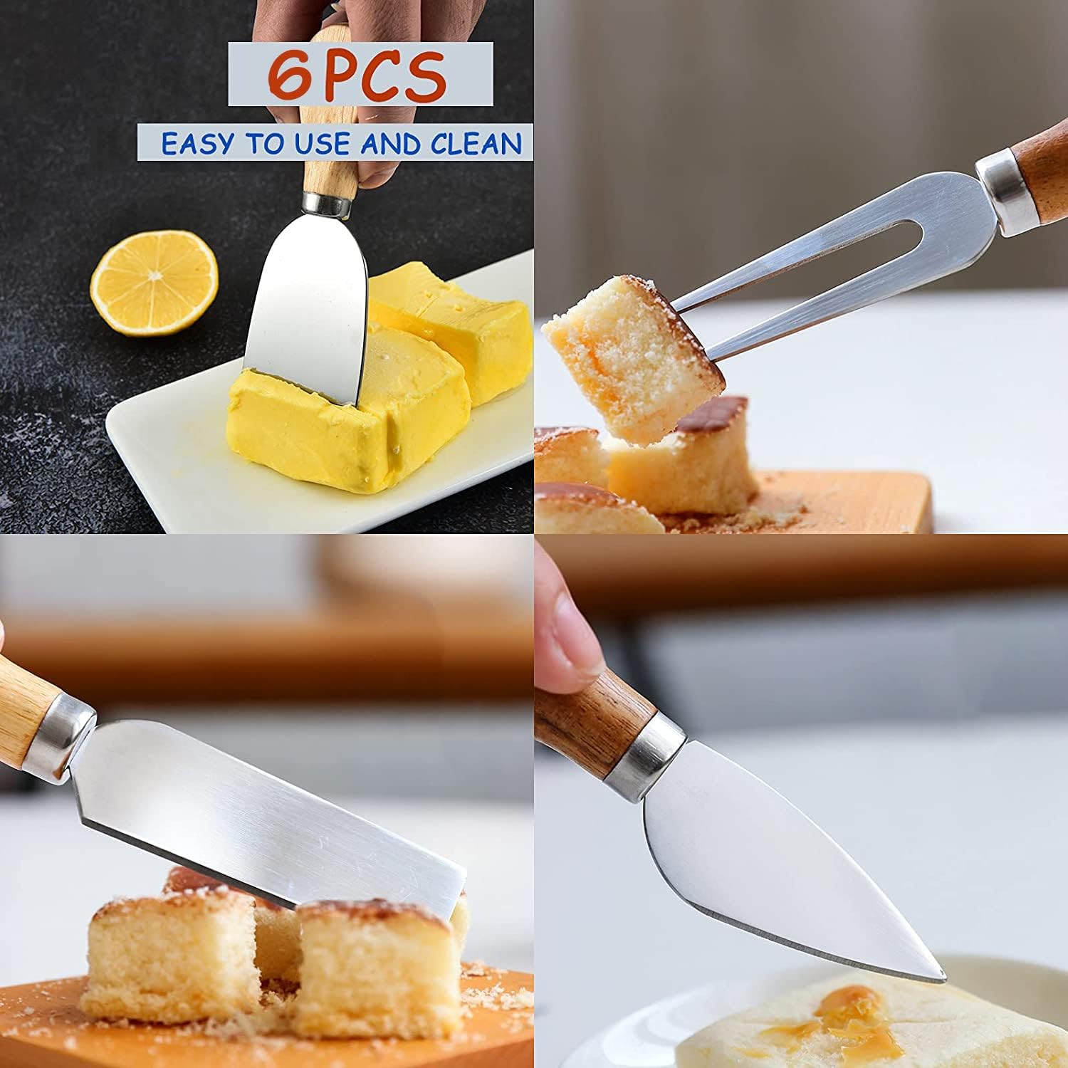 xtn 6pcs cheese knife set, stainless steel cheese knives cheese fork cheese shovel with bamboo handle for parties party