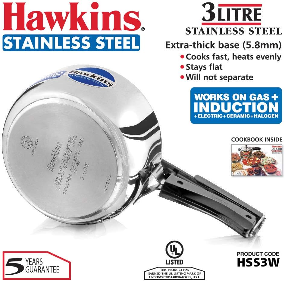 hawkins 3 litre inner lid pressure cooker, stainless steel cooker, wide design pan cooker, induction cooker, silver (hss3w)