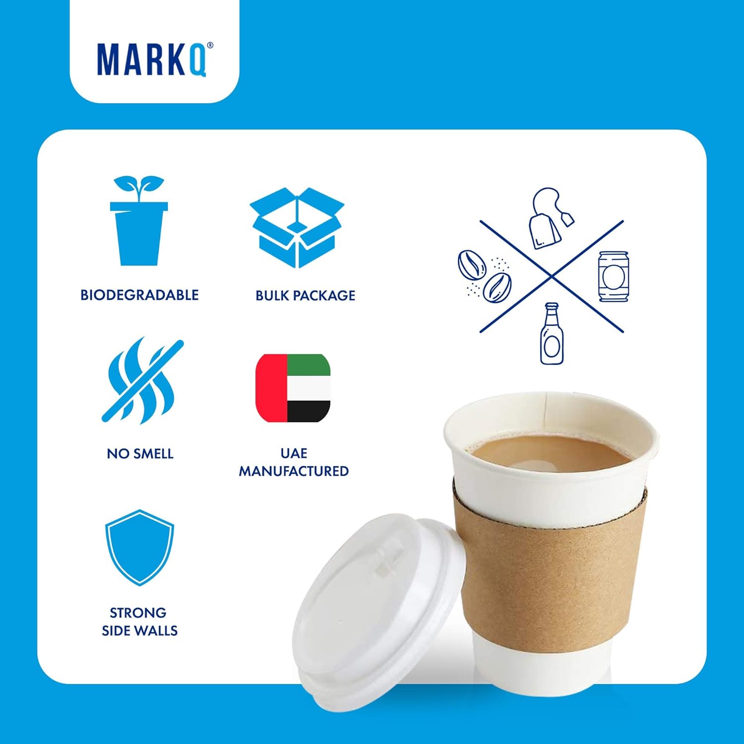markq [50 sets] 12 oz white disposable coffee cups with lids and sleeves | paper cups for hot & cold drinks | small disposable cups for home, parties and work