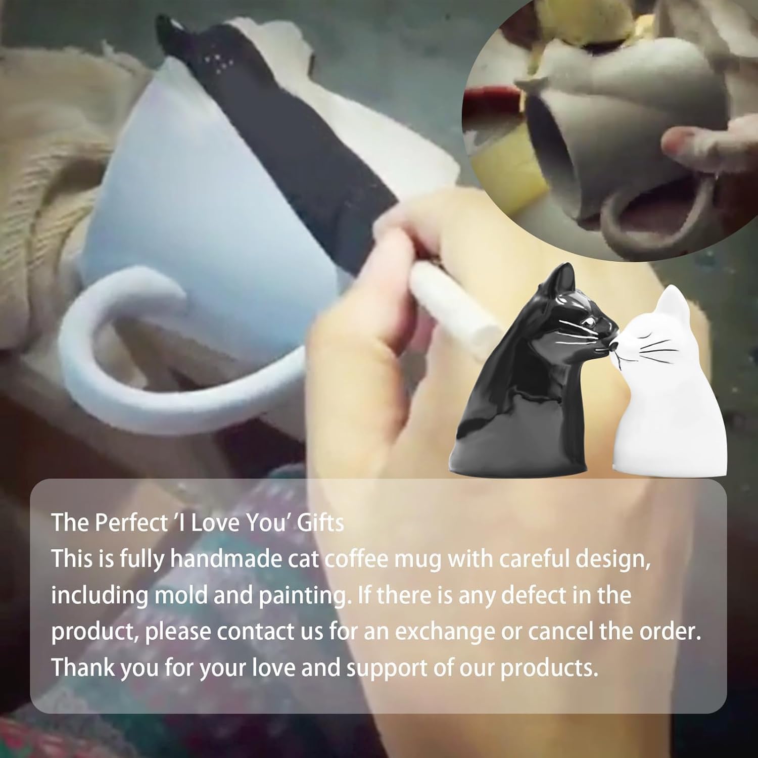 bignosedeer kiss cat coffee couple mug set, unique funny tea ceramic cup set for bride and groom, matching gift for birthday, anniversary, wedding, engagement valentines day girlfriend wife (cat mug)