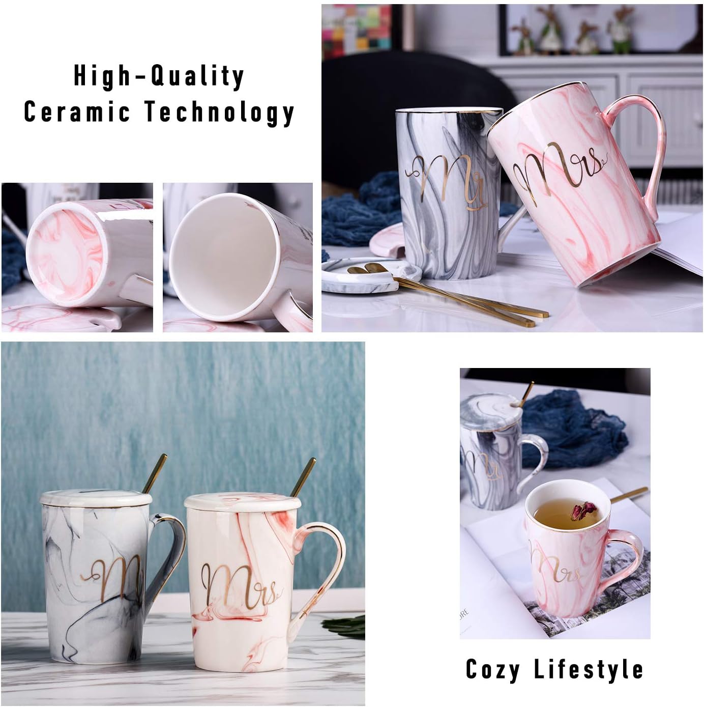 mr and mrs coffee mugs wedding gift for bride and groom, gift for bridal shower engagement wedding and married couples anniversary ceramic marble cups 14 oz