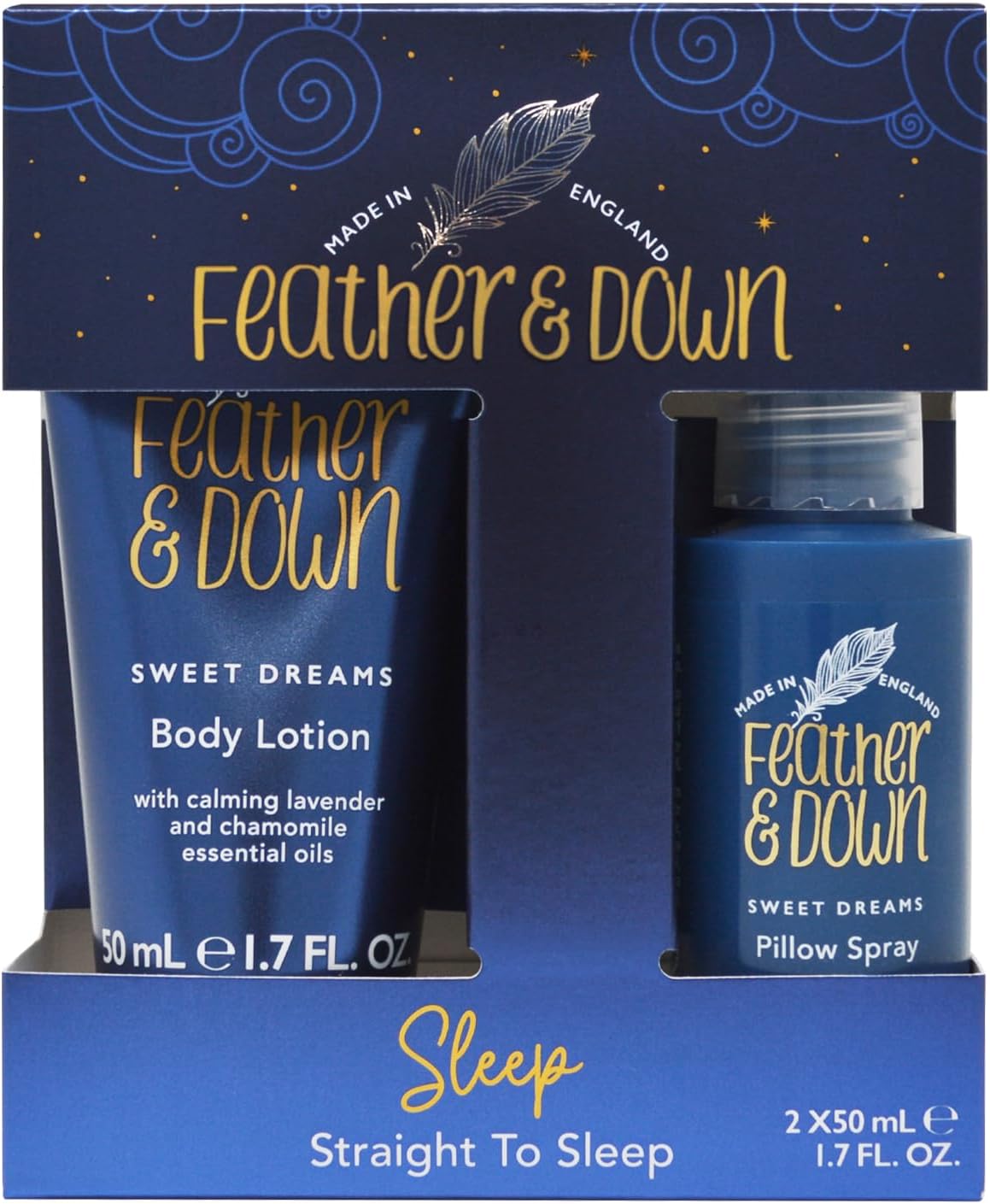 feather & down straight to sleep gift set (50ml pillow spray & 50ml body lotion) the perfect sleep duo, infused with lavender & chamomile essential oils. vegan friendly & cruelty free.