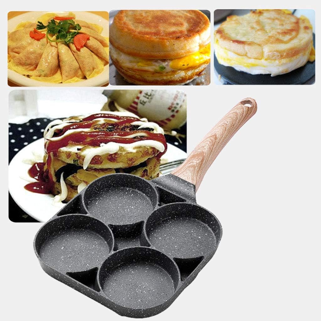 ecvv 4 hole omelet pan for burger eggs ham pancake maker wooden handle frying pot non stick cooking breakfast, black