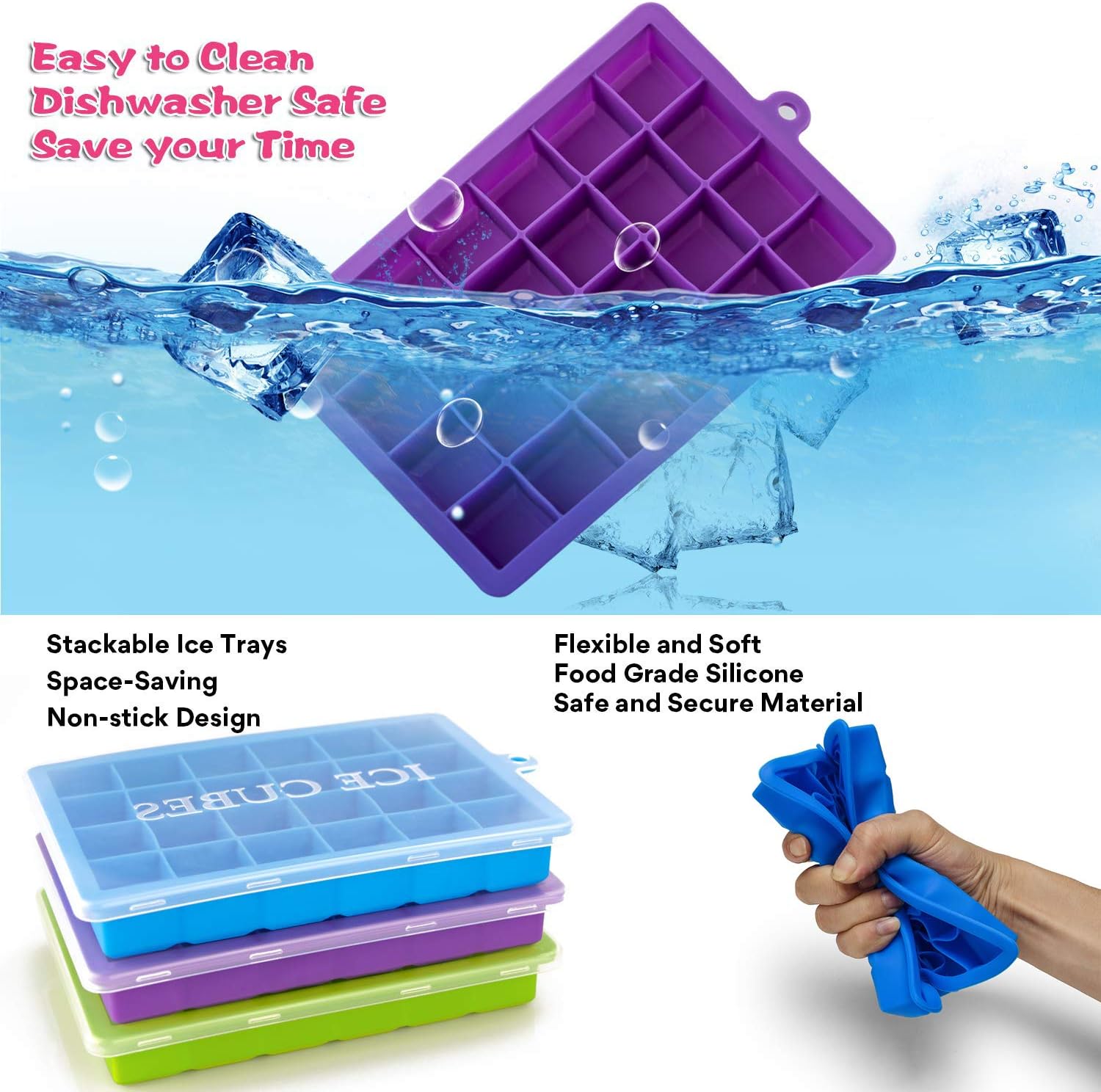 masroo ice cube trays 3 pack, top1shop silicone ice tray with removable lid easy release flexible ice cube molds 24 cubes per tray for cocktail, whiskey, baby food, chocolate, bpa free