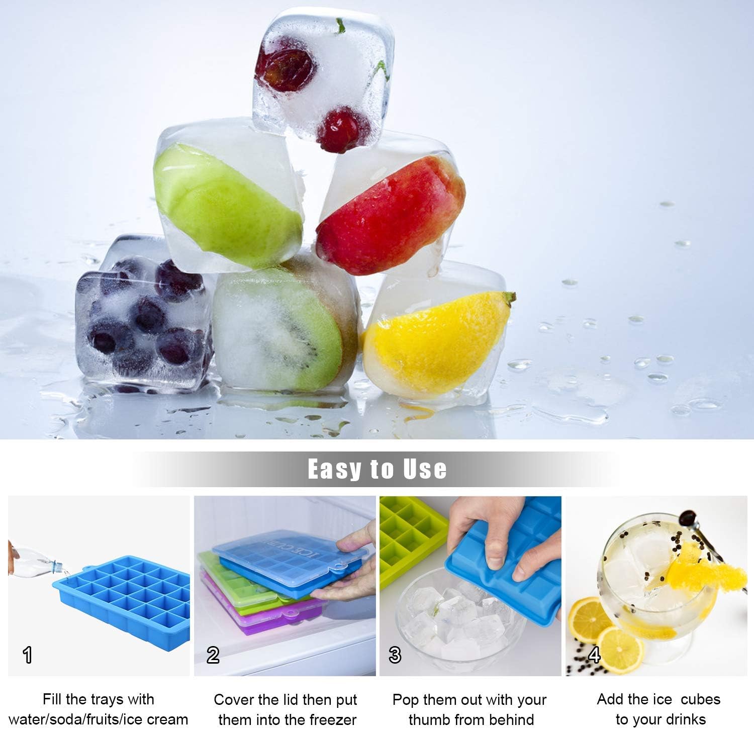 masroo ice cube trays 3 pack, top1shop silicone ice tray with removable lid easy release flexible ice cube molds 24 cubes per tray for cocktail, whiskey, baby food, chocolate, bpa free