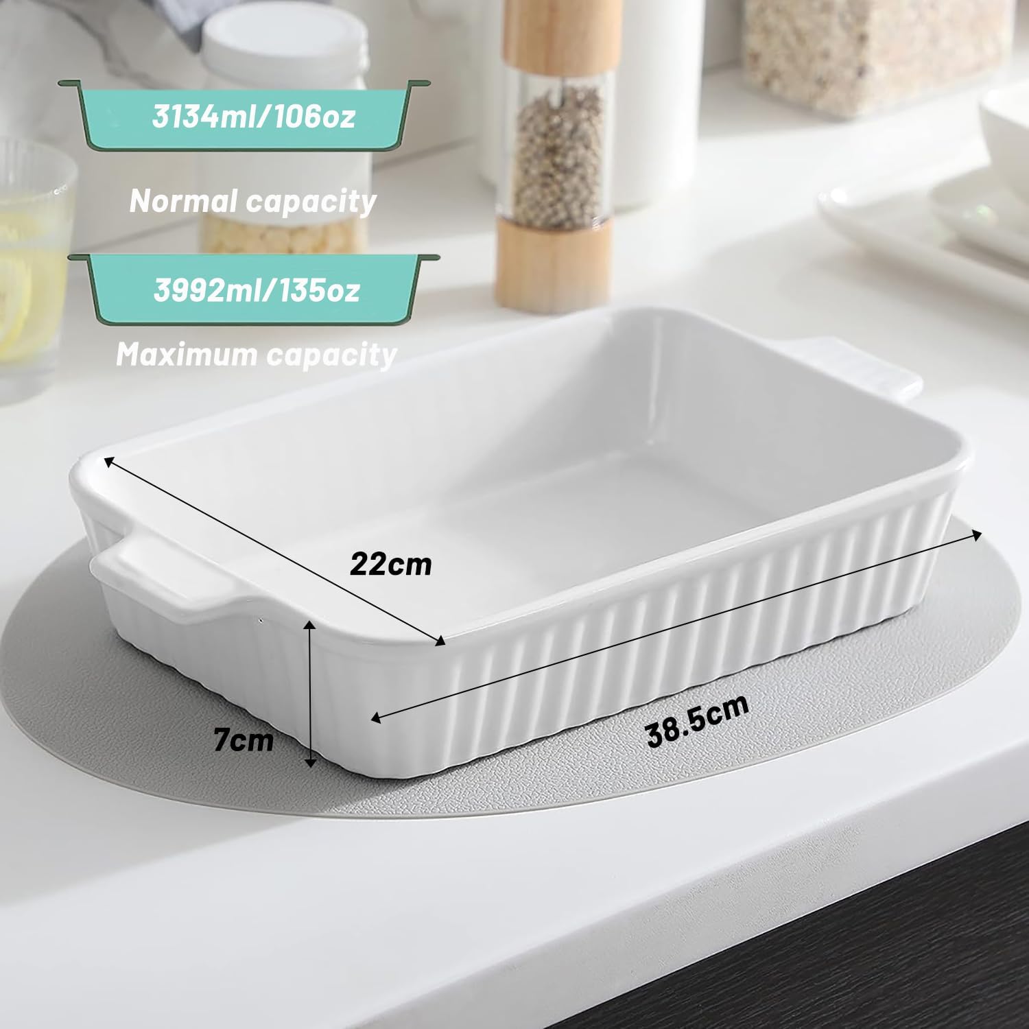 spnor casserole dish, 39 * 22 cm ceramic baking dish, large lasagna pan deep, casserole dishes for oven, 135 oz deep baking pan with handles, oven safe and durable bakeware for lasagna, roasts, white