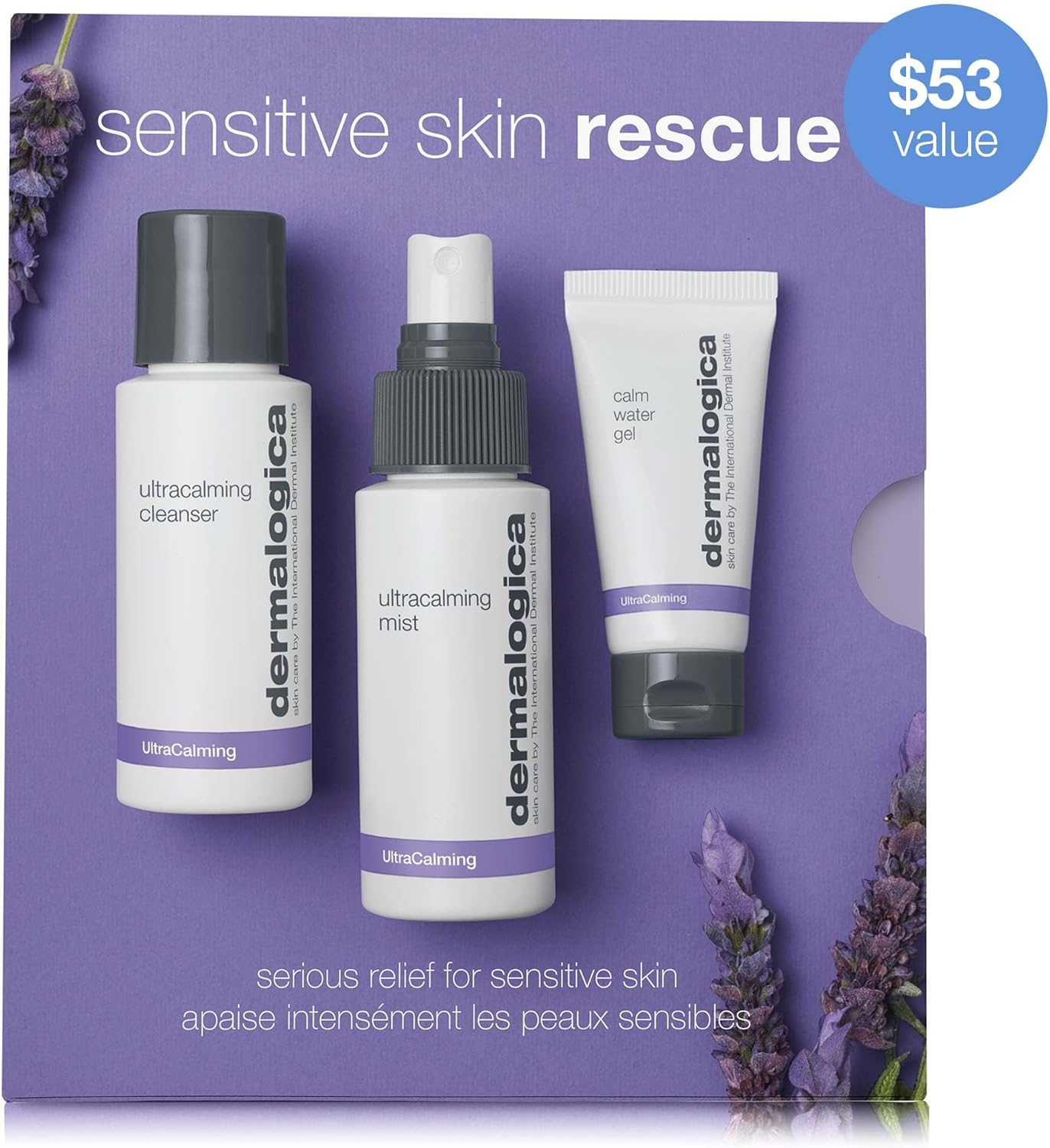 dermalogica sensitive skin rescue kit, calms, soothes, and hydrates, ultracalming cleanser 50ml, ultracalming mist 50ml, calm water gel 14ml.