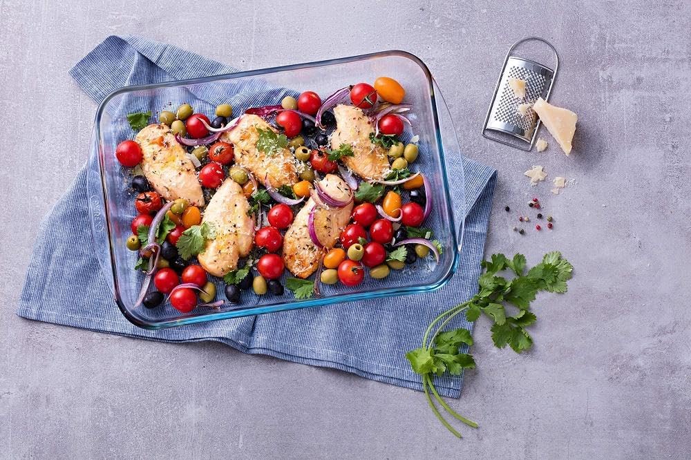 pyrex rectangular glass roasting dish, clear, size: 40 x 27 cm, glass rectangular roaster, oven baking dish, highly thermal resistant: oven, microwave & dishwasher safe, gd031