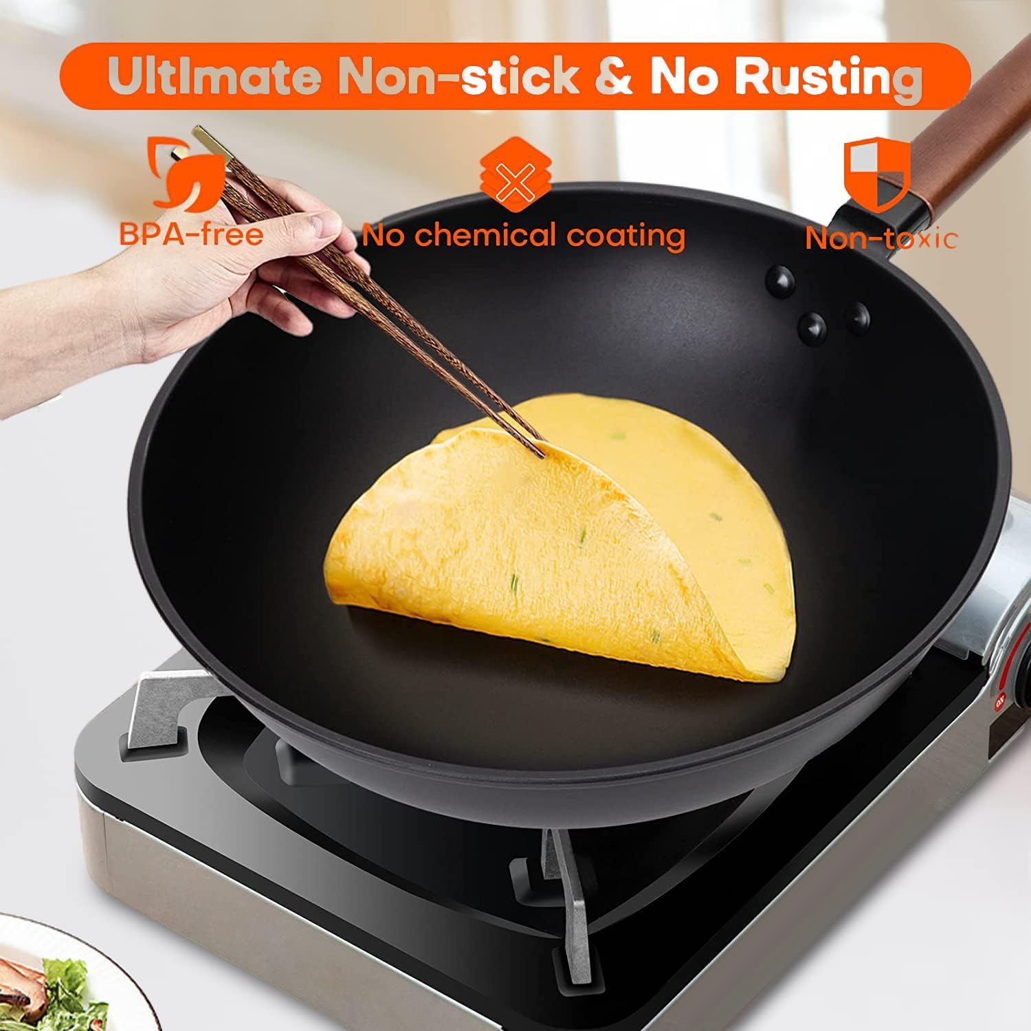 angju carbon steel wok, 30cm wok pan with lid and spatula, nonstick woks and stir fry pans, no chemical coated flat bottom chinese wok for induction, electric, gas, all stoves, black