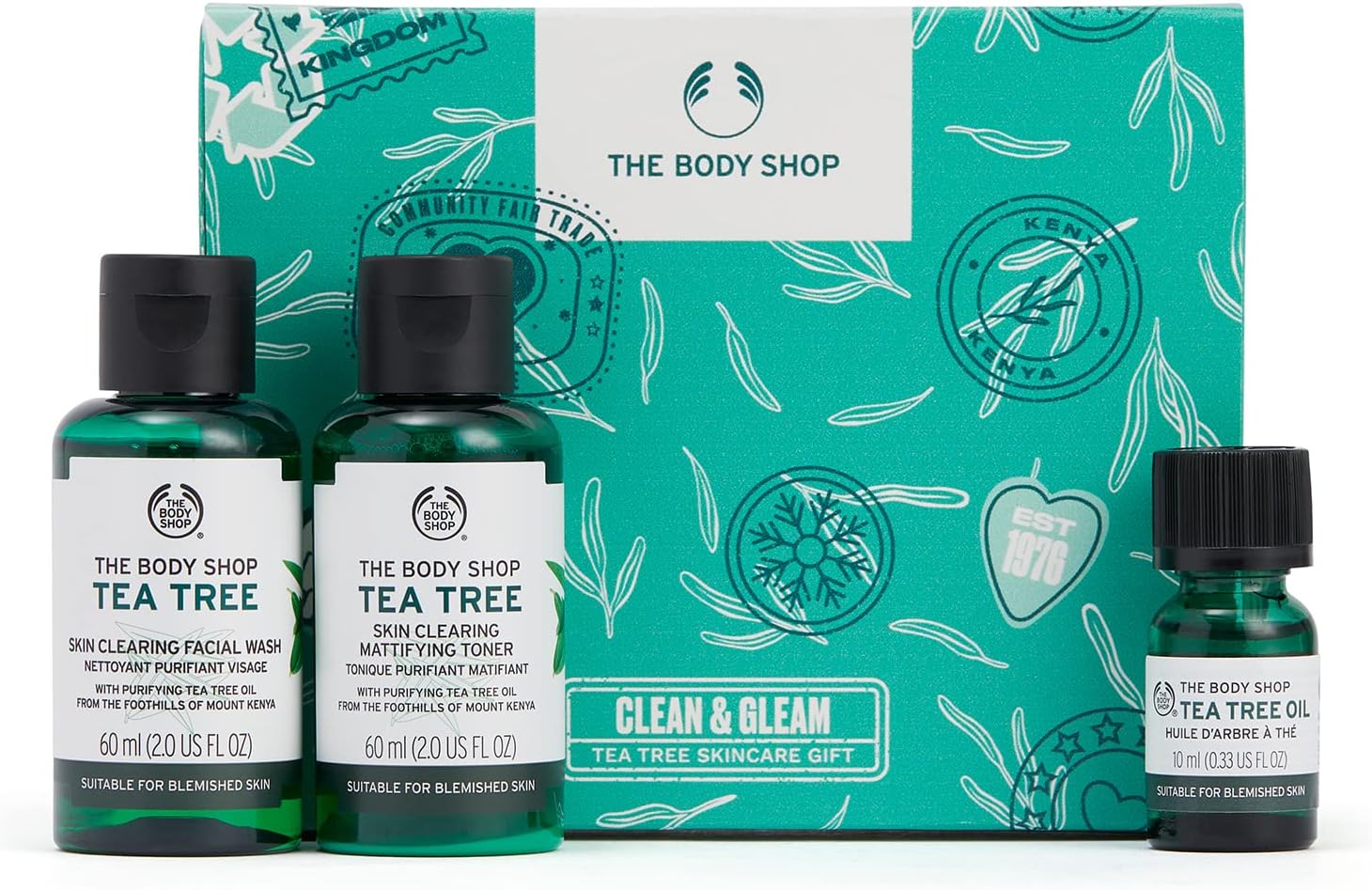 the body shop clean & gleam tea tree skincare gift set – energize and fortify – purifying & refreshing for oily, blemished skin – vegan – 3 items