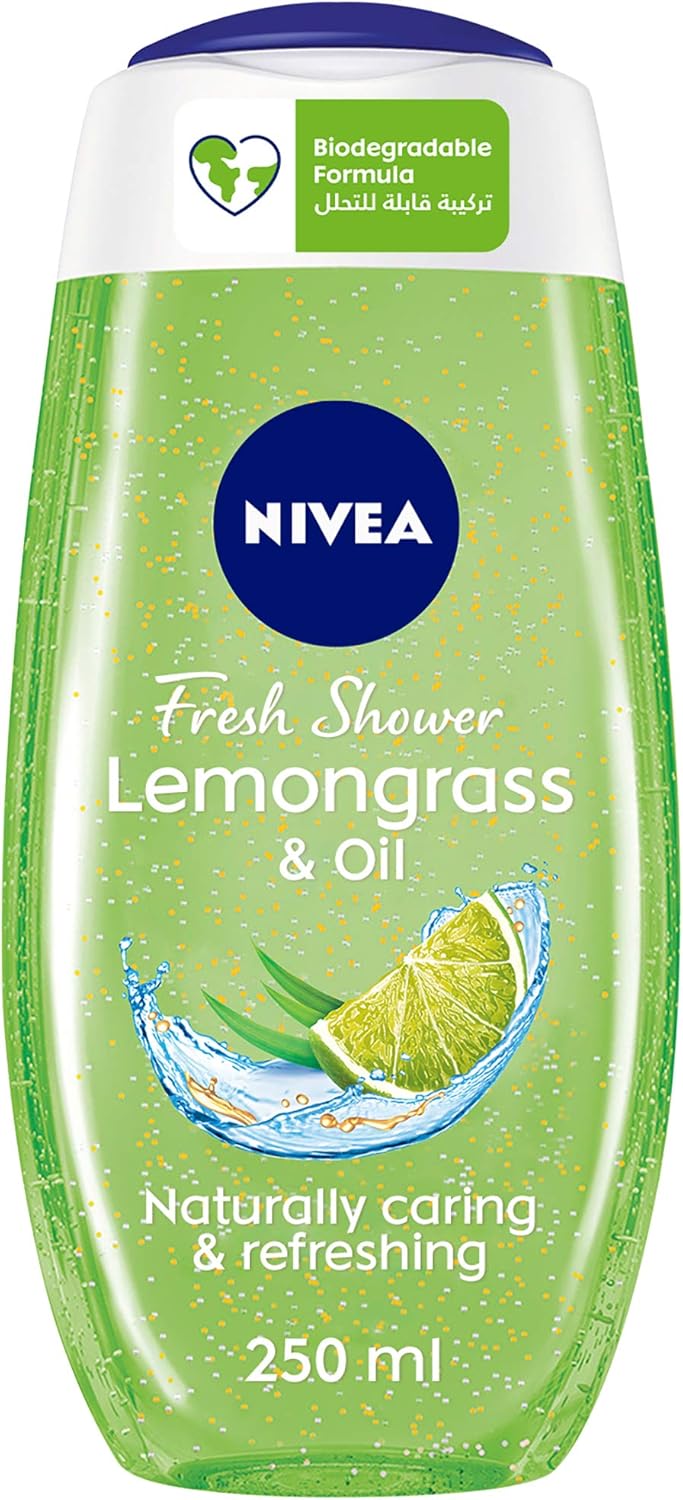 nivea shower gel body wash, lemongrass & oil caring oil pearls lemongrass scent, 250ml