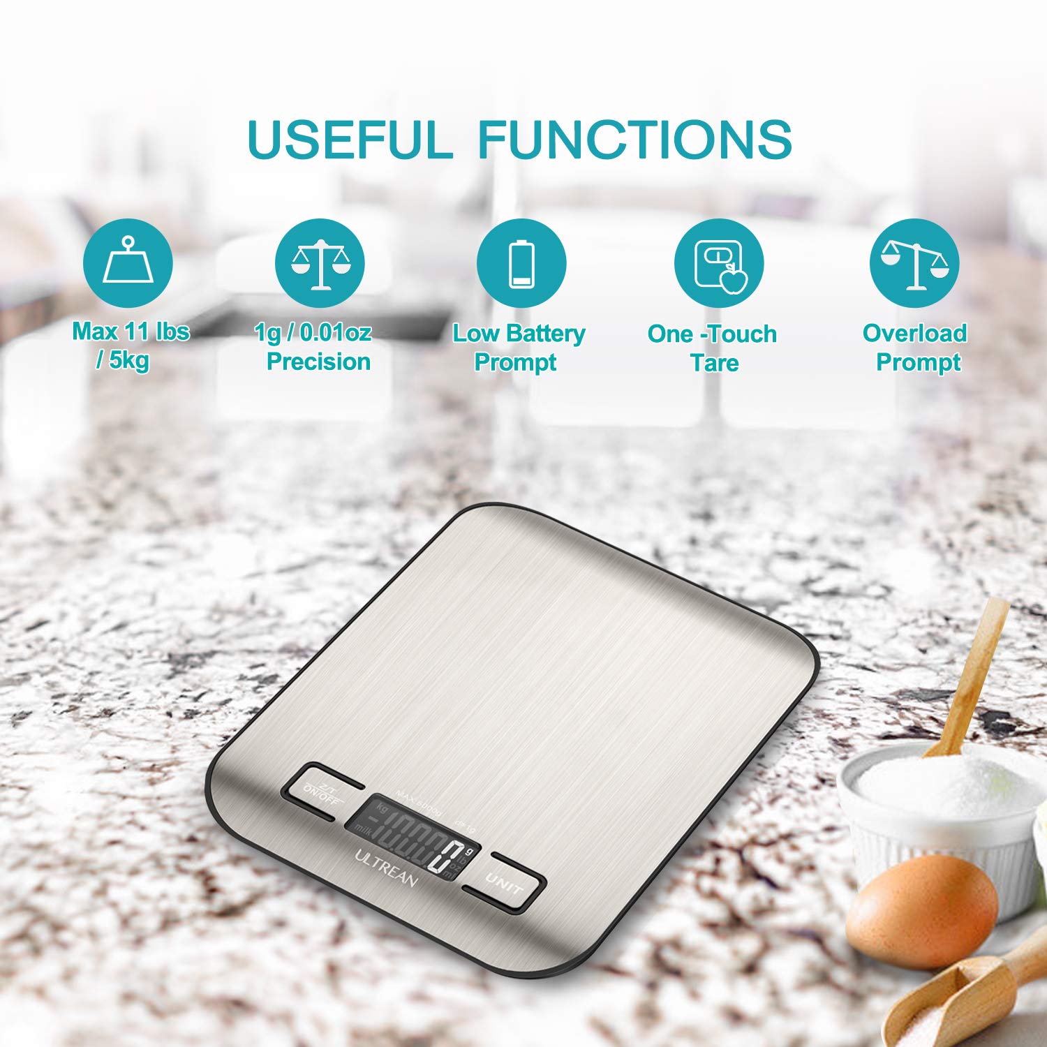 ultrean digital food scale, high precision kitchen scale, measures in grams and ounces for cooking and baking, 5 units with tare function, stainless surface (batteries included) silver