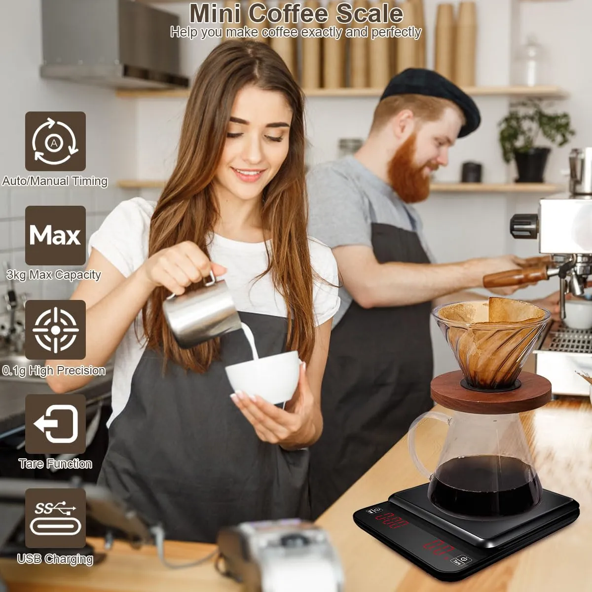 Gluckluz Coffee Scale with Timer 3kg/0.1g High Precision Rechargeable Digital Coffee Beans Espresso Food Weighing Scale with Tare Function & LED Display for Kitchen Pour Over