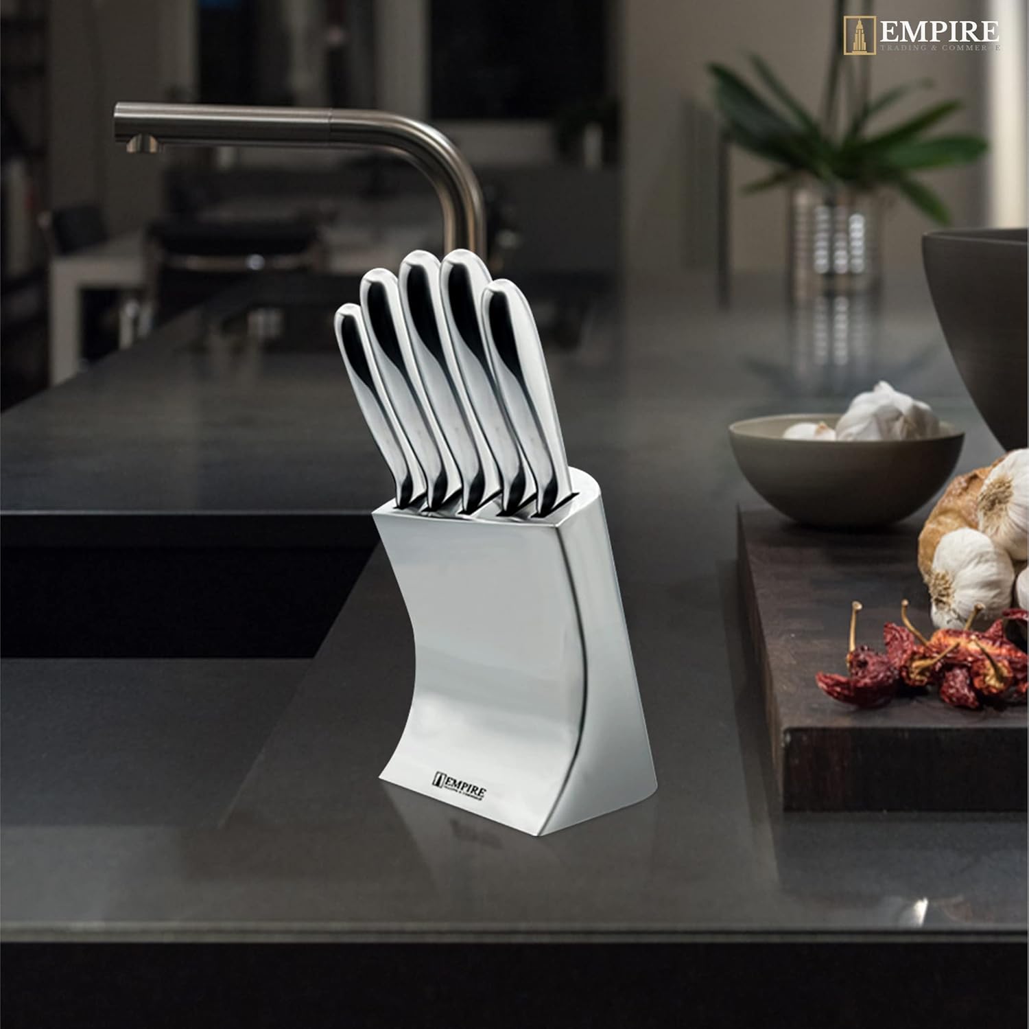 empire trading & commerce knife set, 5pcs kitchen knife set with sharpener, knife set for kitchen with block, kitchen accessories, stainless steel kitchen knives, kitchen essentials