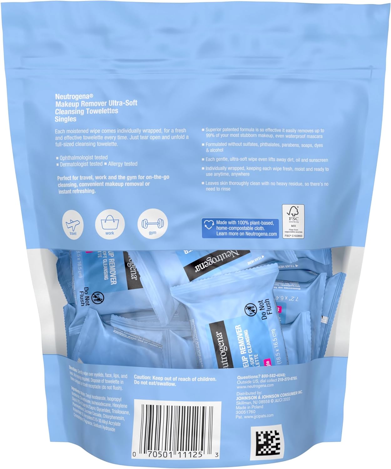 neutrogena facial cleansing towelette singles, daily face wipes to remove dirt, oil, makeup & waterproof mascara, gentle, alcohol free, individually wrapped, 20 count