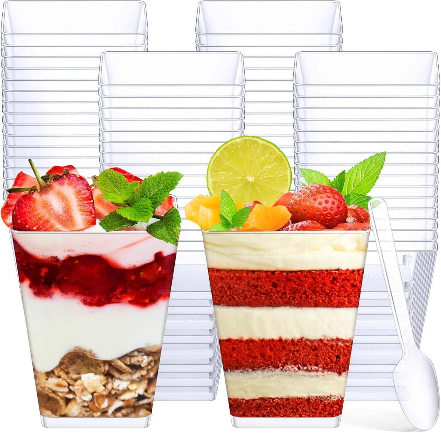 kowvowz 30pack 5oz square plastic dessert cups with plastic spoons, clear plastic parfait appetizer cup, reusable small clear plastic tumbler cups great for desserts, puddings, mousse (style a)