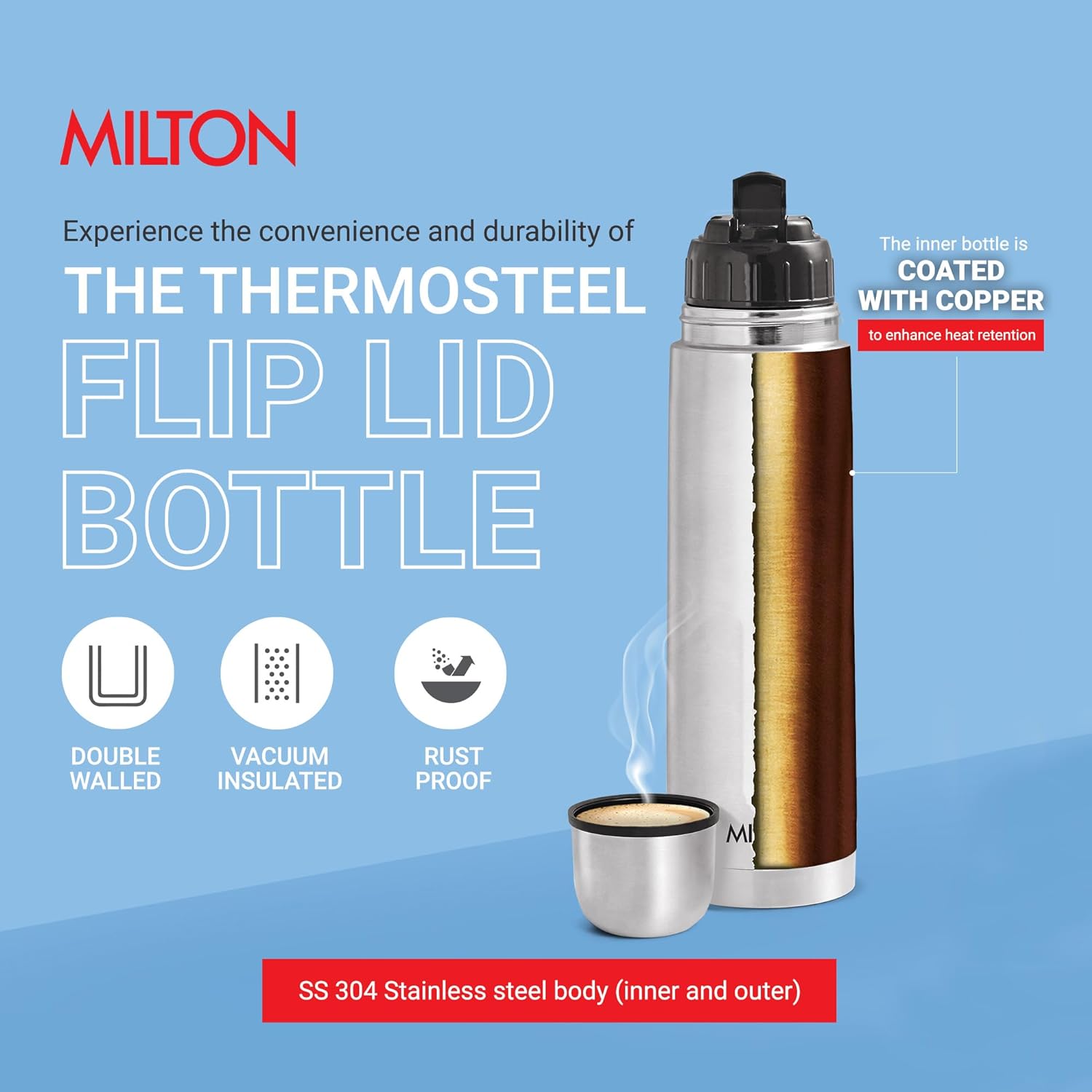 milton thermosteel flip lid 500, double walled vacuum insulated thermos 500 ml | 16 oz | 24 hours hot and cold water bottle with cover, stainless steel, bpa free,leak proof | silver
