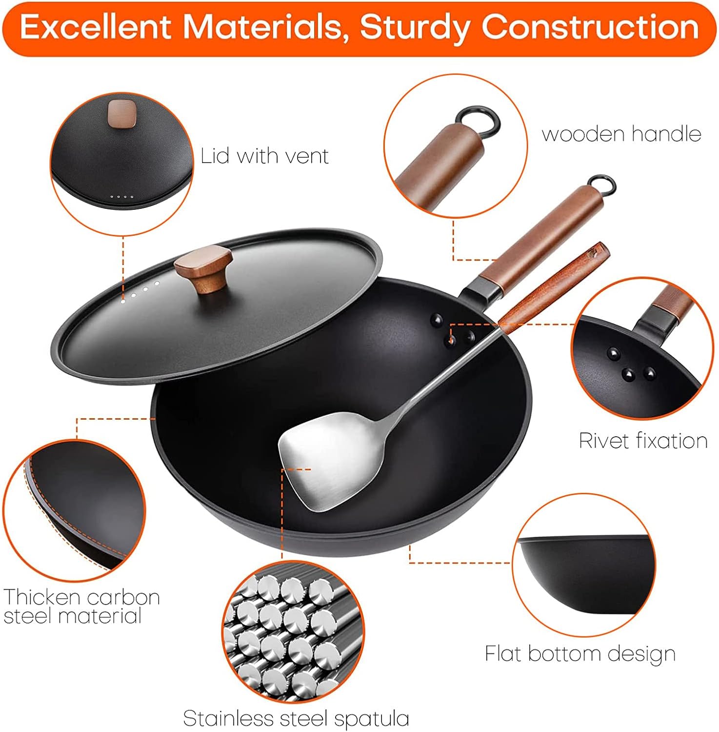 angju carbon steel wok, 30cm wok pan with lid and spatula, nonstick woks and stir fry pans, no chemical coated flat bottom chinese wok for induction, electric, gas, all stoves, black