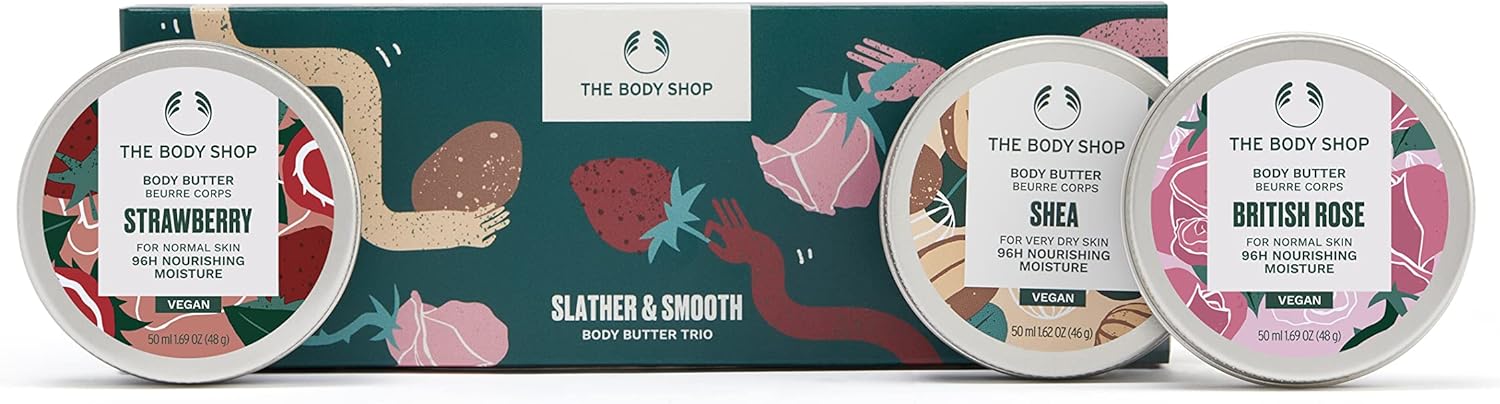 the body shop slather & smooth body butter trio gift set for dry skin, vegan